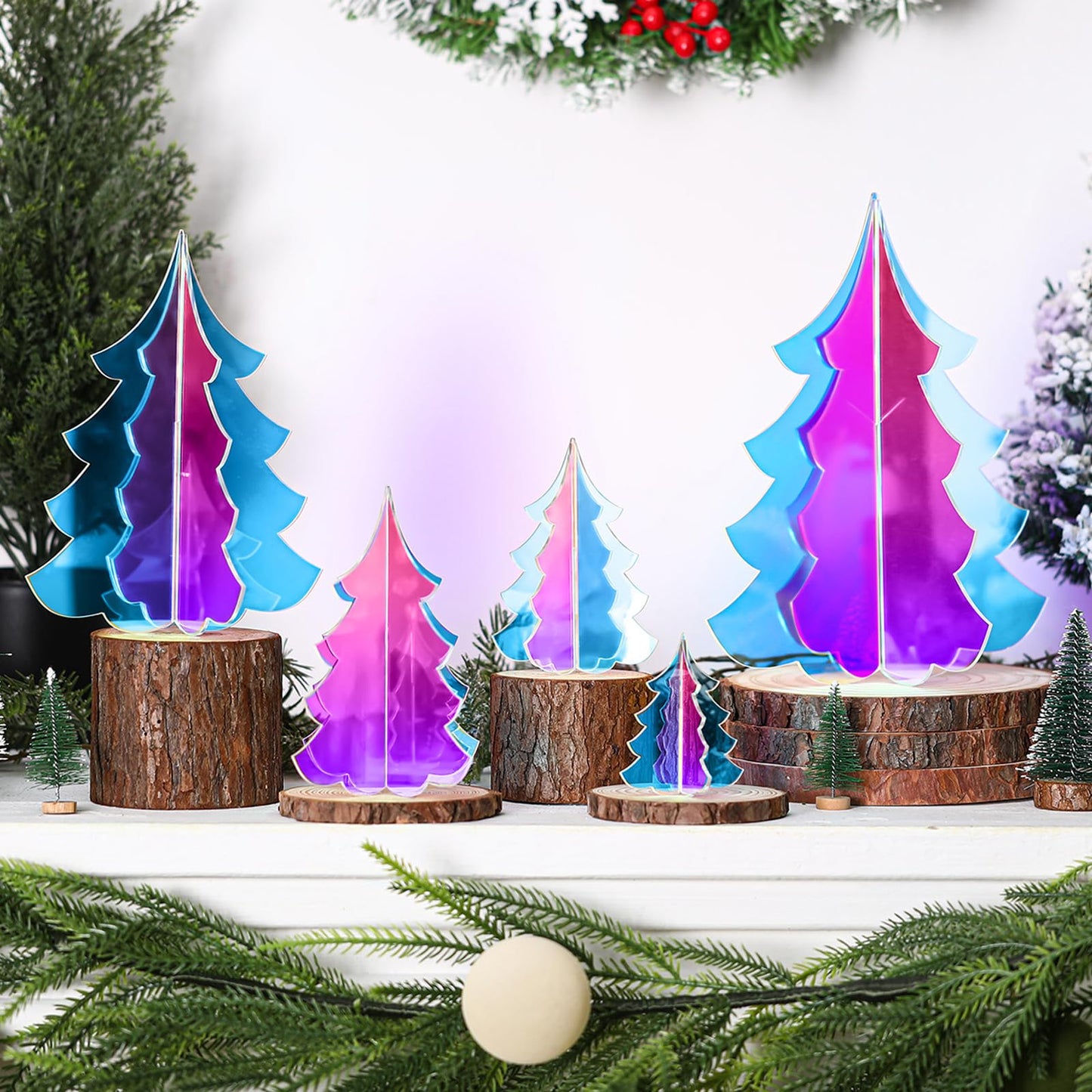Amyhill 5 Set Holographic Christmas Tree Decor for Fireplace Mantel Iridescent 3D Christmas Tree for Window Shelves Table Centerpieces Modern Party Winter Decor