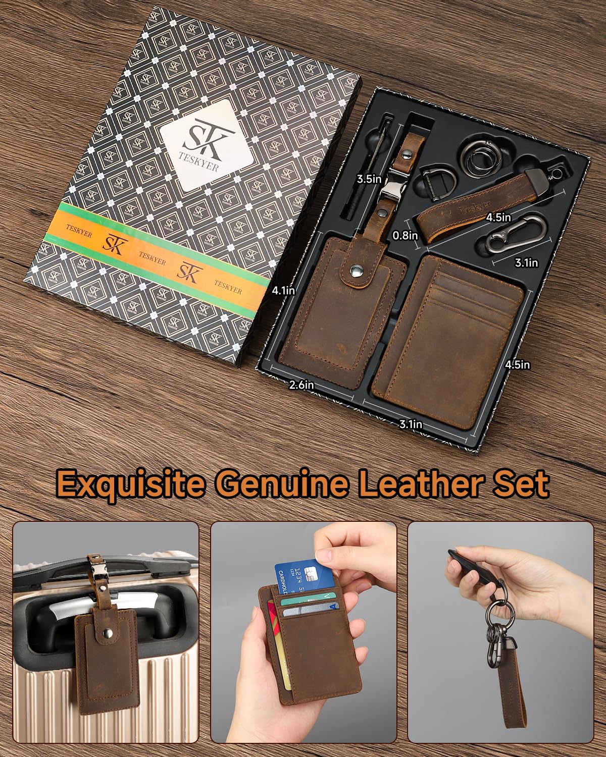 Teskyer Leather Gifts for Men, Premium Leather Gift Set with Slim Wallet, Travel Luggage Tag & Car Keychain, Elegant Gift Box for Father's Day, Birthday, Anniversary, Retirement & Graduation - Coffee