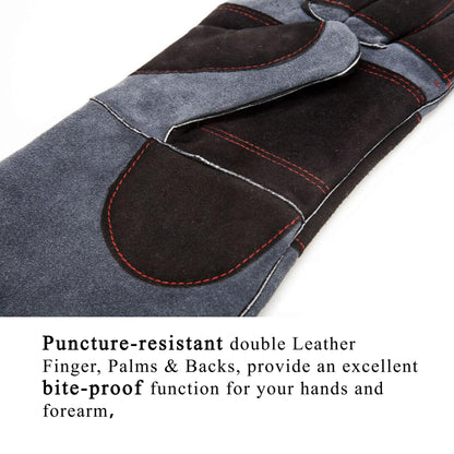 RAPICCA Animal Handling Gloves Bite Proof Double Leather Reinforced Padding Dog,Cat Scratch,Bird Handling Falconry Gloves Grabbing Reptile Squirrel Snake Bite 16in Grey-Black