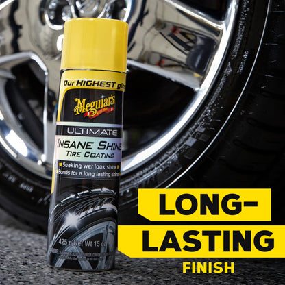 Meguiar's G190315 Ultimate Insane Shine Tire Coating, gives a Finish that Creates a Lasting Wet-Look for a Classic Black Shine, Easy to Use, No Hassle, No Mess, Ultimate Protection, 15 Oz Aerosol Can