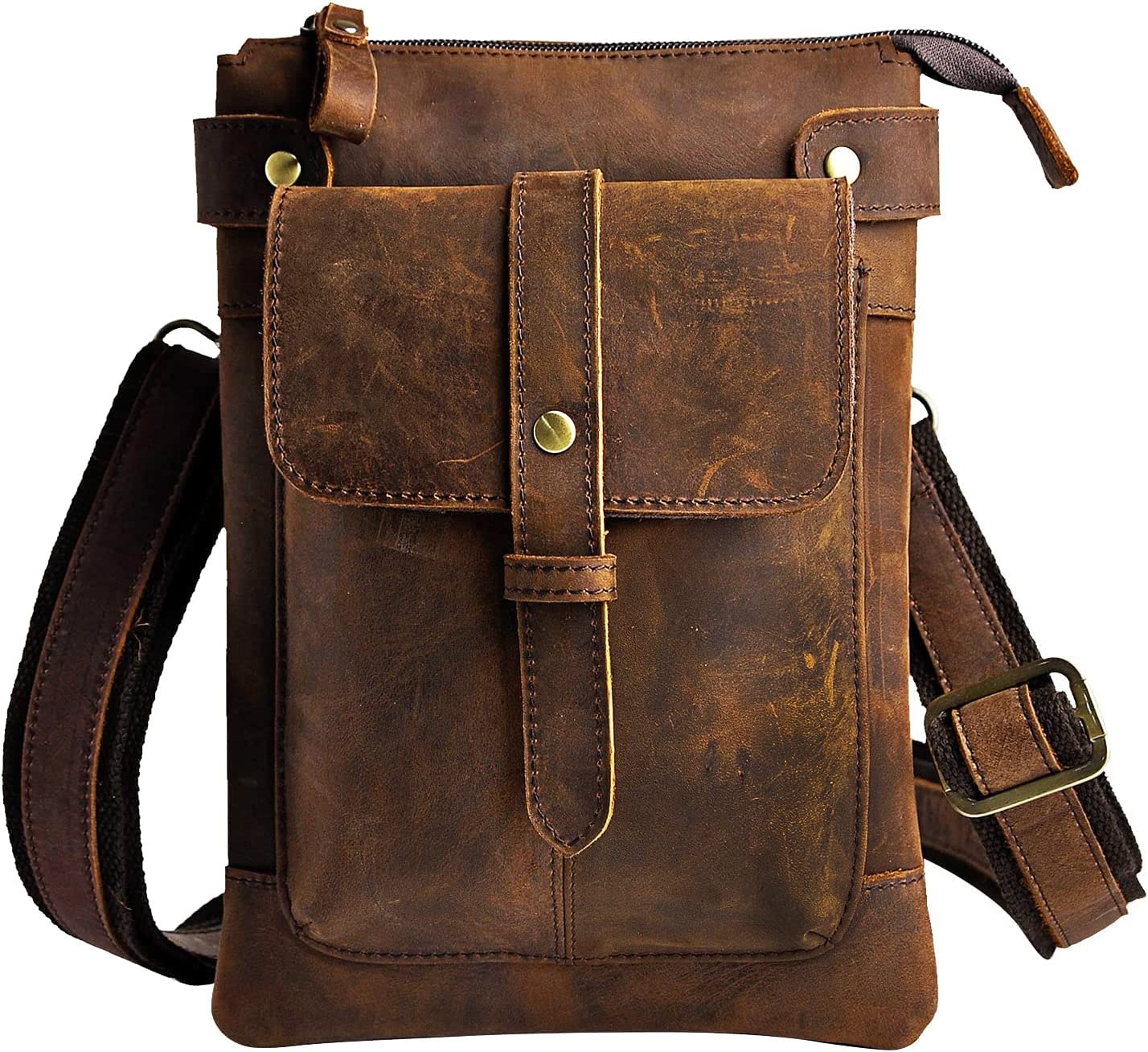 Le'aokuu Mens Genuine Leather Small Messenger Shoulder Satchel Waist Bag Pack 8711 (8711 A-Dark Brown)