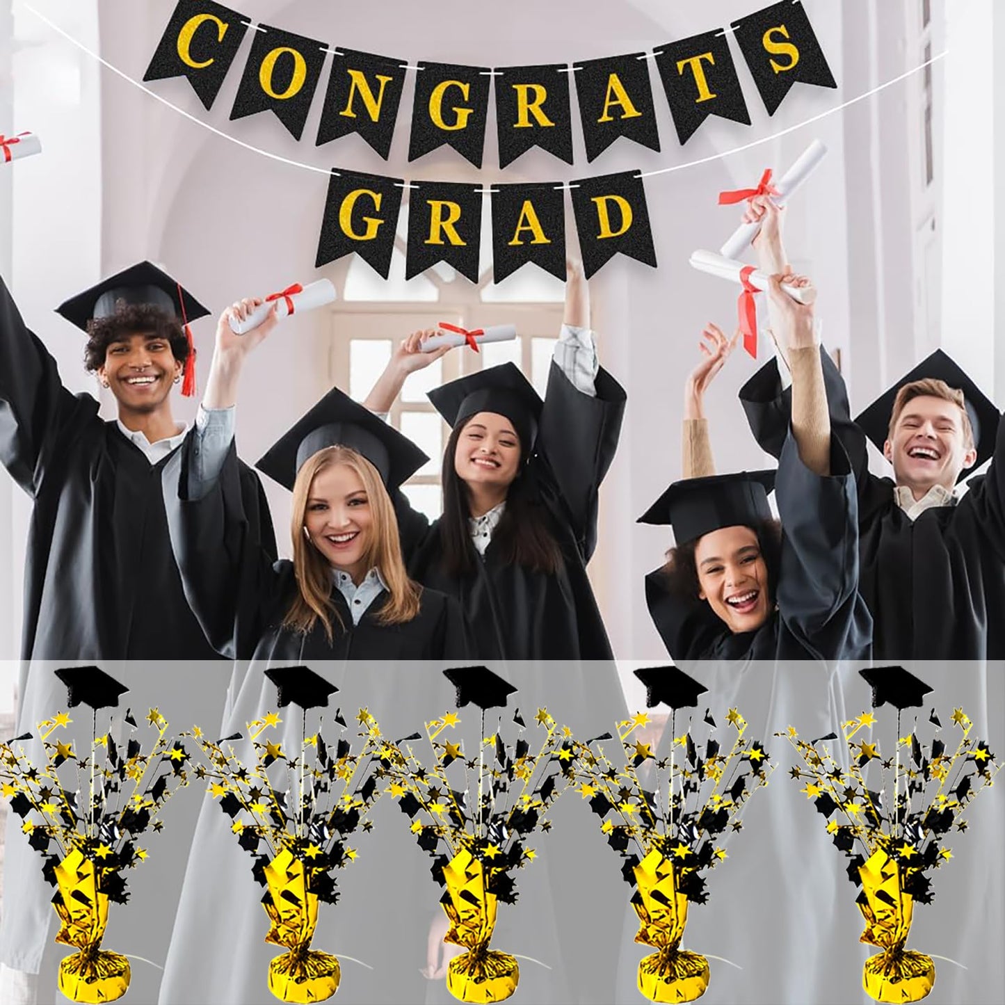FUBININA 6 Pack 2026 Graduation Table Centerpiece Party Decoration Metallic Foil Spray Glitter Graduate Cap Decor Star Table Top for Graduation Parties Grad Ceremonies Party Favor, Black and Gold
