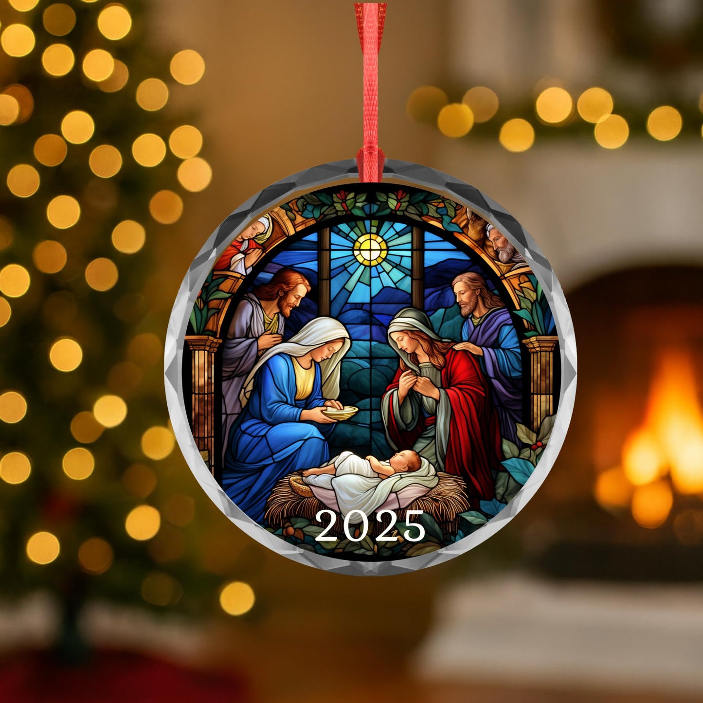 Personalized Nativity Ornament – Custom Name Christmas Ornament – Holy Family Stained Glass Style – Religious Christmas Tree Decoration – Baby Jesus Christian Gift Keepsake (Design 5)