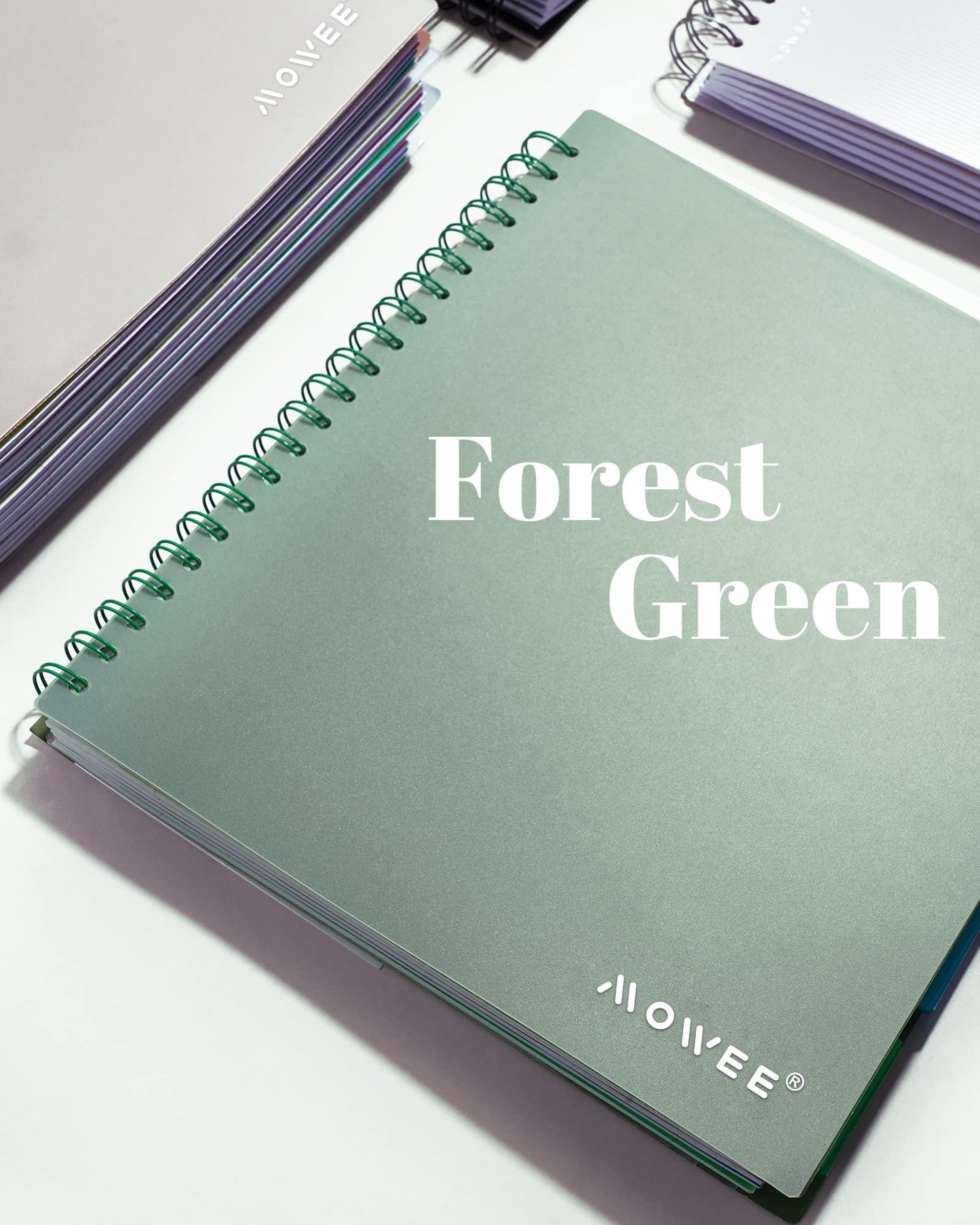 MOWEE 5 Subject Notebook - Spiral Notebook, College Ruled Notebook With Dividers Pocket, Tabs, 11" Ruler, 200 Pages, for Writing Journal, Home & Office, School Supplies, 8.5''x11'' Forest Green