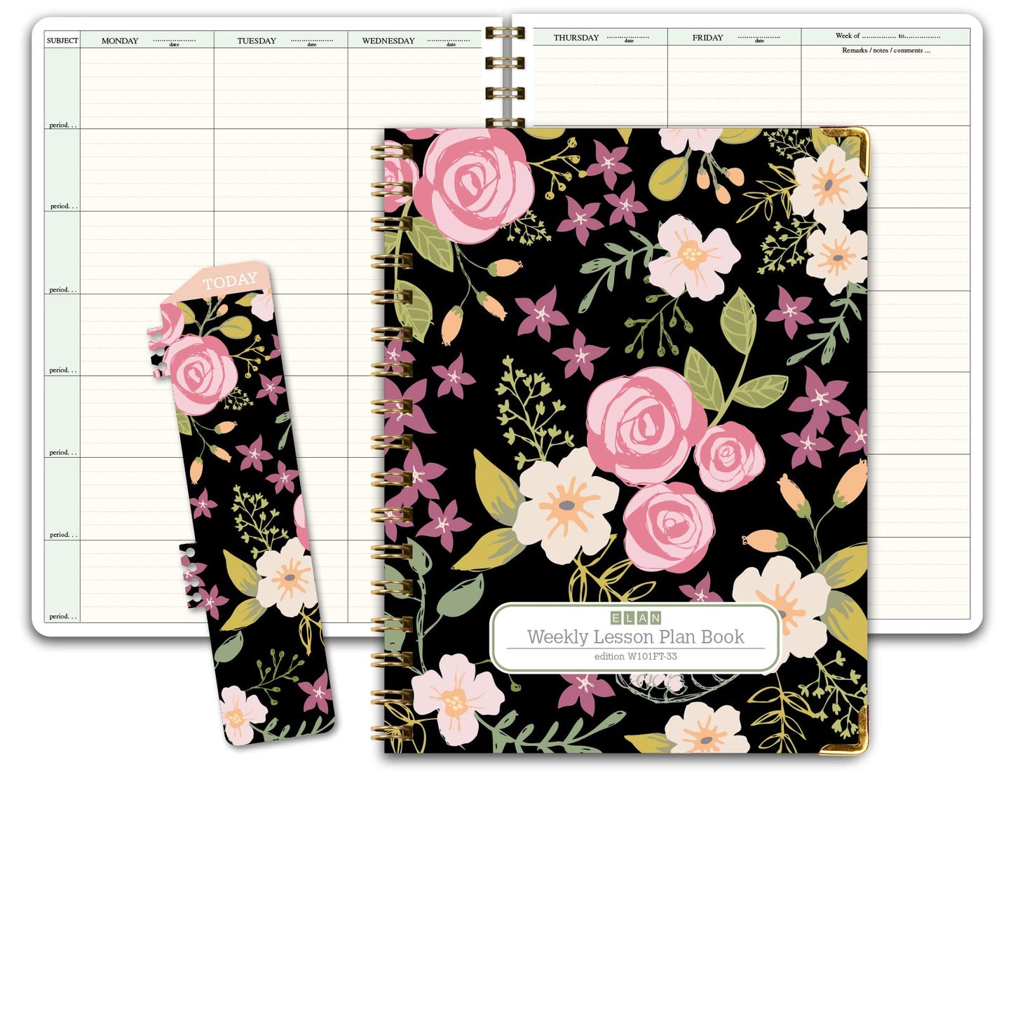 Elan Publishing Company HARDCOVER 7 Period Teacher Lesson Planner - Days Horizontally Across The Top with Bonus Clip-in Bookmark (Black Floral)