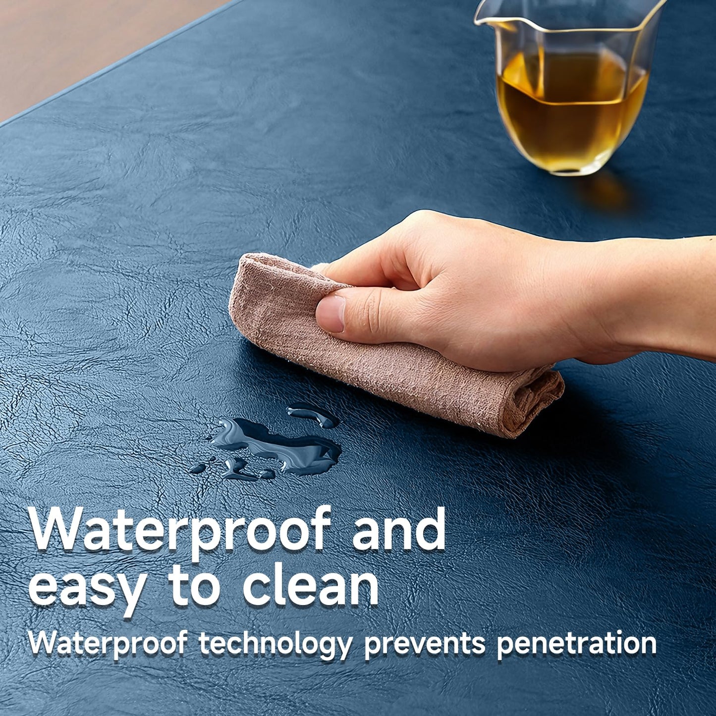 Double-Sided Faux Leather Table Runner, Blue & Black Reversible, Waterproof Heat Resistant Non-Slip Wipeable Oil-Proof Tablecloth, for Dining/Coffee/TV Stand/Dresser 13x72 inch