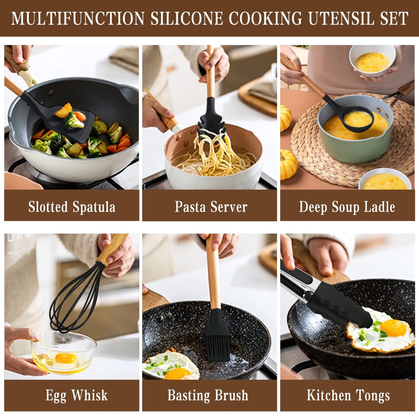 Umite Chef Kitchen Cooking Utensils Set, 33 pcs Non-Stick Silicone Cooking Kitchen Spatula Set with Holder, Wooden Handle Silicone Kitchen Gadgets Utensil Set (Black)