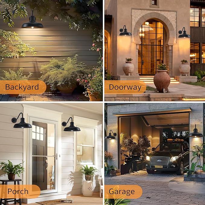13.8'' Diameter Large Outdoor Gooseneck Barn Light 2 Packs, Outdoor Wall Sconce Farmhouse Exterior Light Wall Lighting Fixture Industrial Outside Lantern for Porch, Patio, Garage, Black (No Sensor)