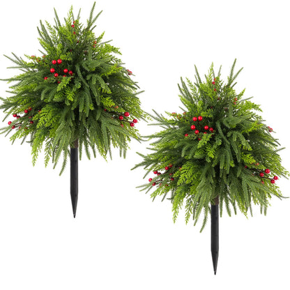 FJAKA 2 Pack 24" Christmas Tree Urn Fillers for Outdoor Planters, Artificial Greenery Cedar Pots with Pine Cones and Red Berry, for Front Porch, Garden, Cemetery Yard and Holiday Decor