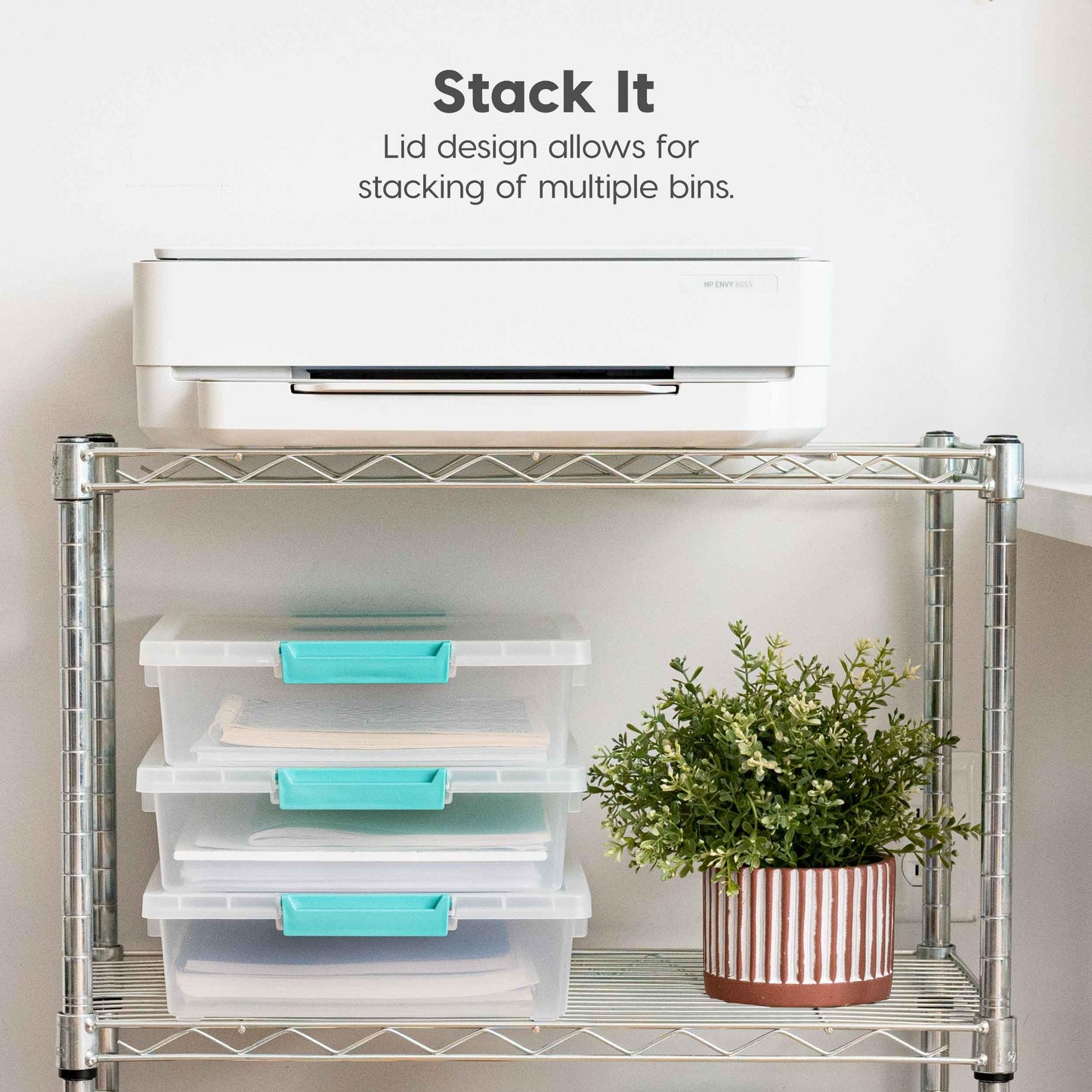 IRIS USA 6 Qt. Craft Storage Bins with Lids, 4-Pack, |Made in USA|, Clip Box, Small Plastic Sensory Bin Tote Organizer Containers for Art Supplies, Paper, & Office, Stackable - Clear/Seafoam Blue
