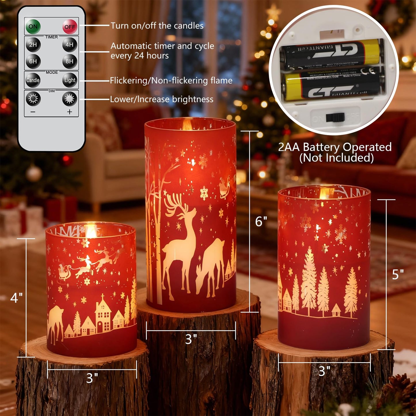 Wondise Red Christmas Reindeer LED Flameless Candles with Remote Timer, Electroplate Glass Battery Operated Real Wax Flickering 3D Wick Pillar Candles for Christmas Holiday Home Decoration