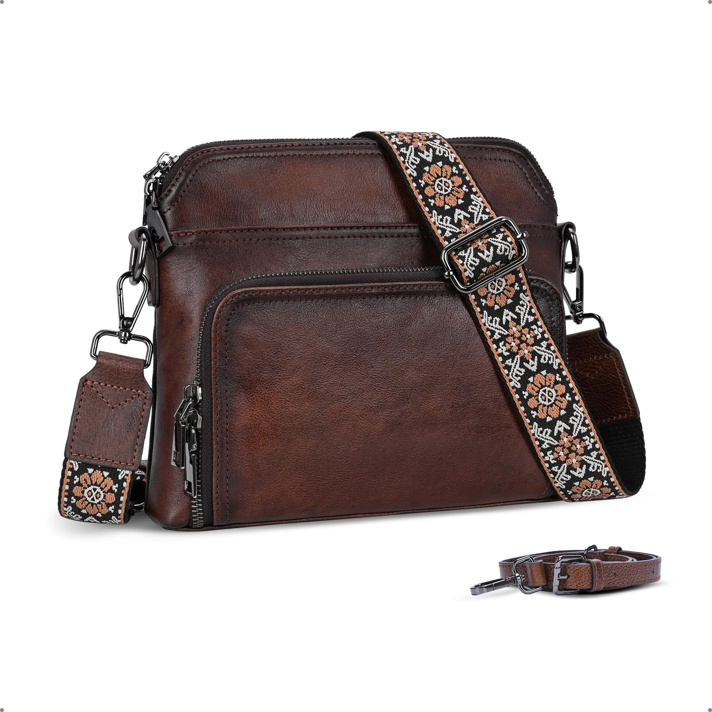 HESHE Genuine Leather Crossbody Bags for Women Satchel Purses Shoulder Handbags with 2 Adjustable Strap Hobo Purse (Coffee)
