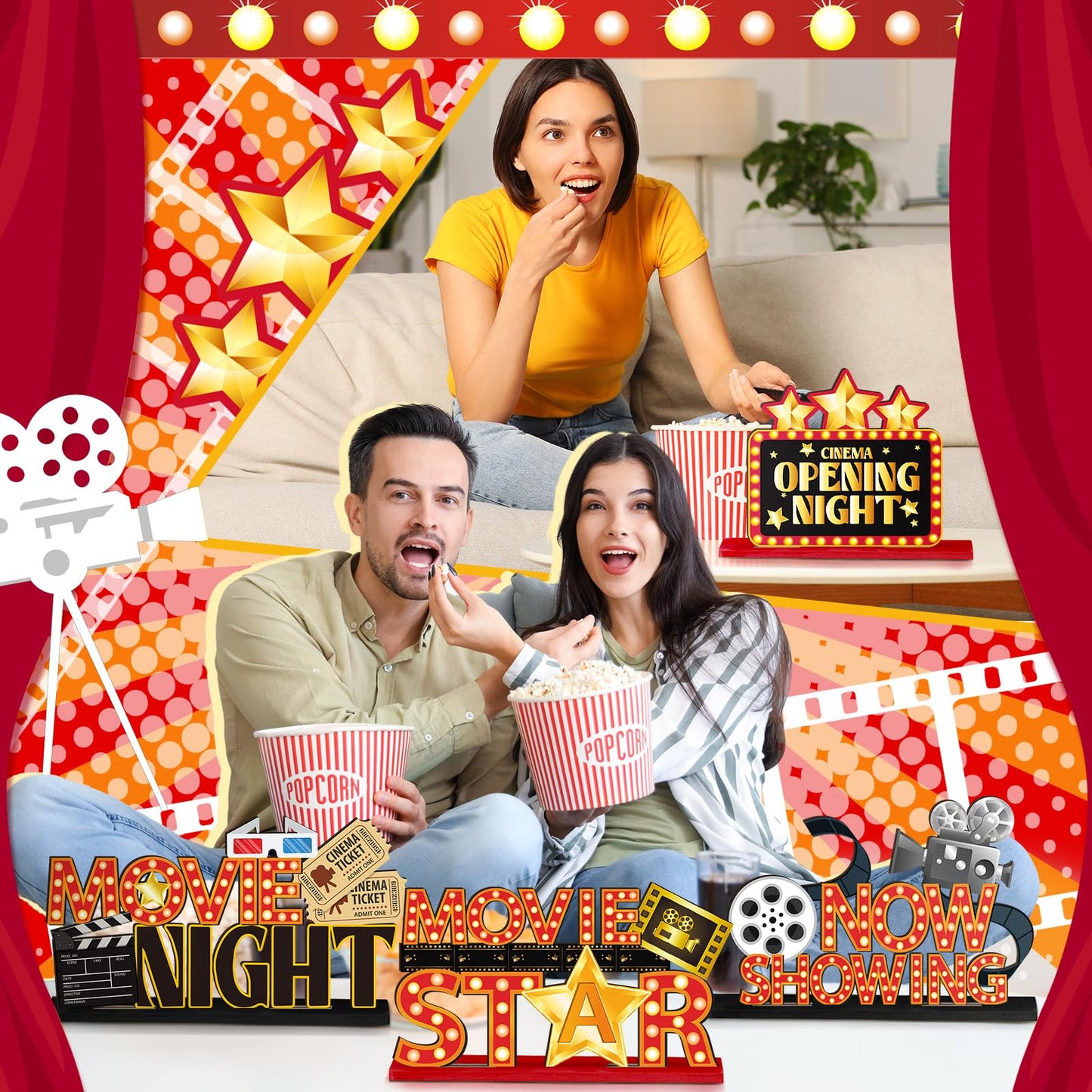 6 Pcs Movie Night Party Decorations Movie Wooden Table Centerpiece Ticket Star Video Popcorn Table Sign Tabletop Decor for Birthday Party Home Decoration