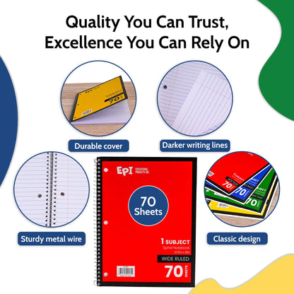 EPI Spiral Notebook | Wide - 70 Sheets, Durable Spiral Binding | 10.5 x 8 in | Classroom Supplies | School, Office, Note Taking, Journaling - 48 Pack