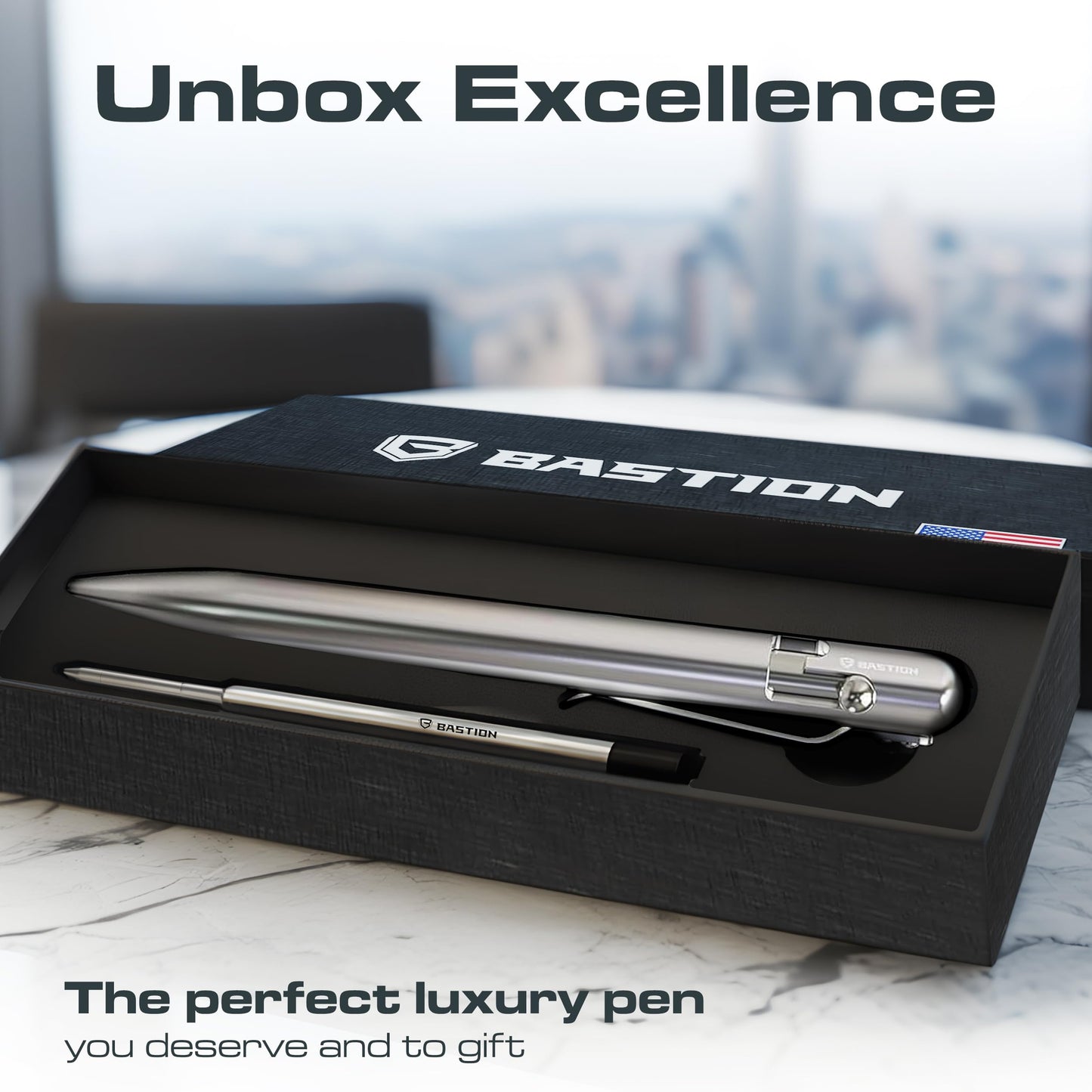 BASTION Luxury Executive Bolt-Action Ballpoint Pen for Men & Women | Ink Refillable Retractable Office Business Writing Pen | Glass Breaker Metal Self-Defense EDC (Stainless Steel)