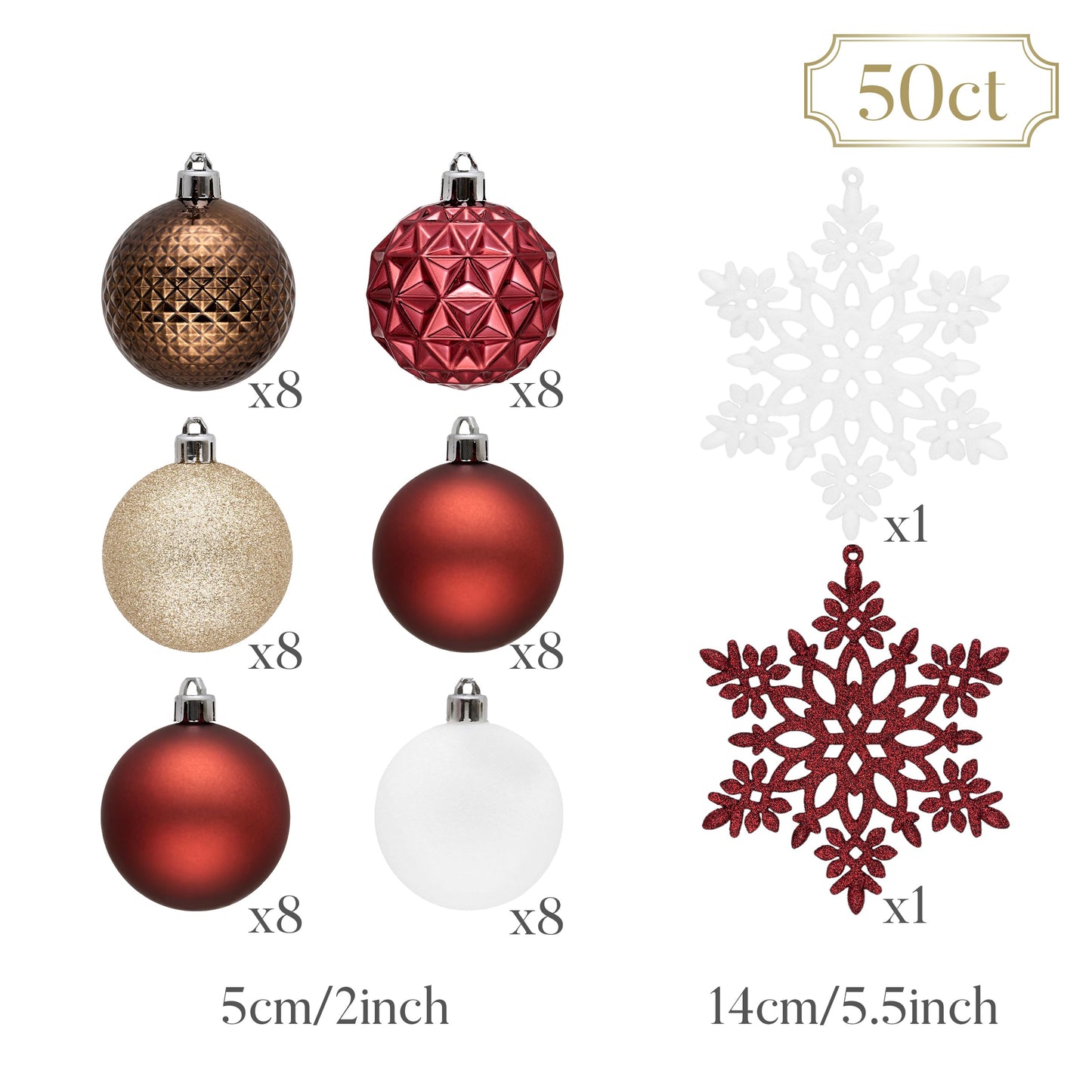 Valery Madelyn Christmas Tree Decorations Ornament Set, 50ct 2 Inches Red Brown White Shatterproof Christmas Ball Ornaments Hanging Xmas Holiday Party Decor