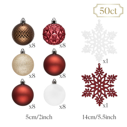 Valery Madelyn Christmas Tree Decorations Ornament Set, 50ct 2 Inches Red Brown White Shatterproof Christmas Ball Ornaments Hanging Xmas Holiday Party Decor