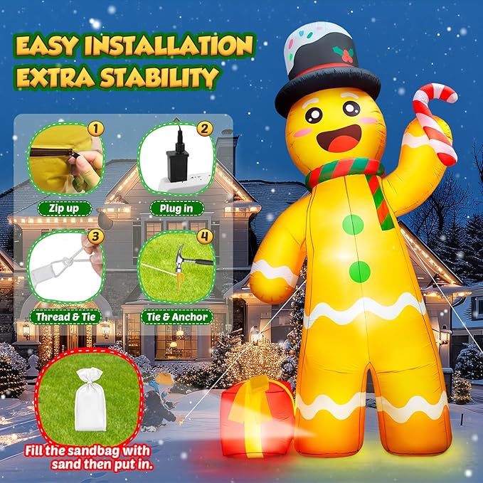 12FT Giant Christmas Inflatables Gingerbread Man Built-in Bright LED Light, Huge Christmas Decorations Outdoor Hold Candy Cane & Gift Large Christmas Blow Up Yard Decoration for Xmas Holiday Party