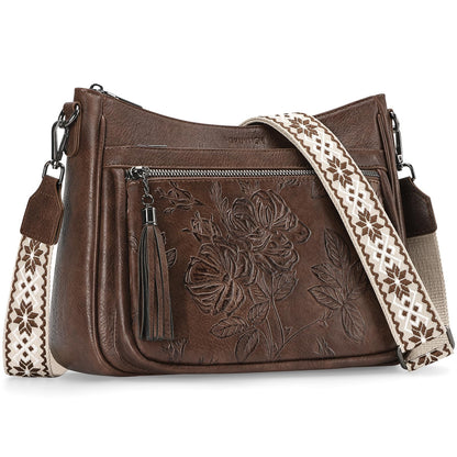 FORUWISH Crossbody Bags for Women, Coffee Brown Vegan Leather Medium Crossbody Purse, Spacious Daily Travel Shoulder Bag with Boho Strap