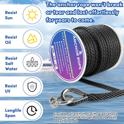 Premium Anchor Rope 50 ft x 3/8 inch, Solid Braid MFP Anchor Line Boat Rope with Thimble & Shackle - Black