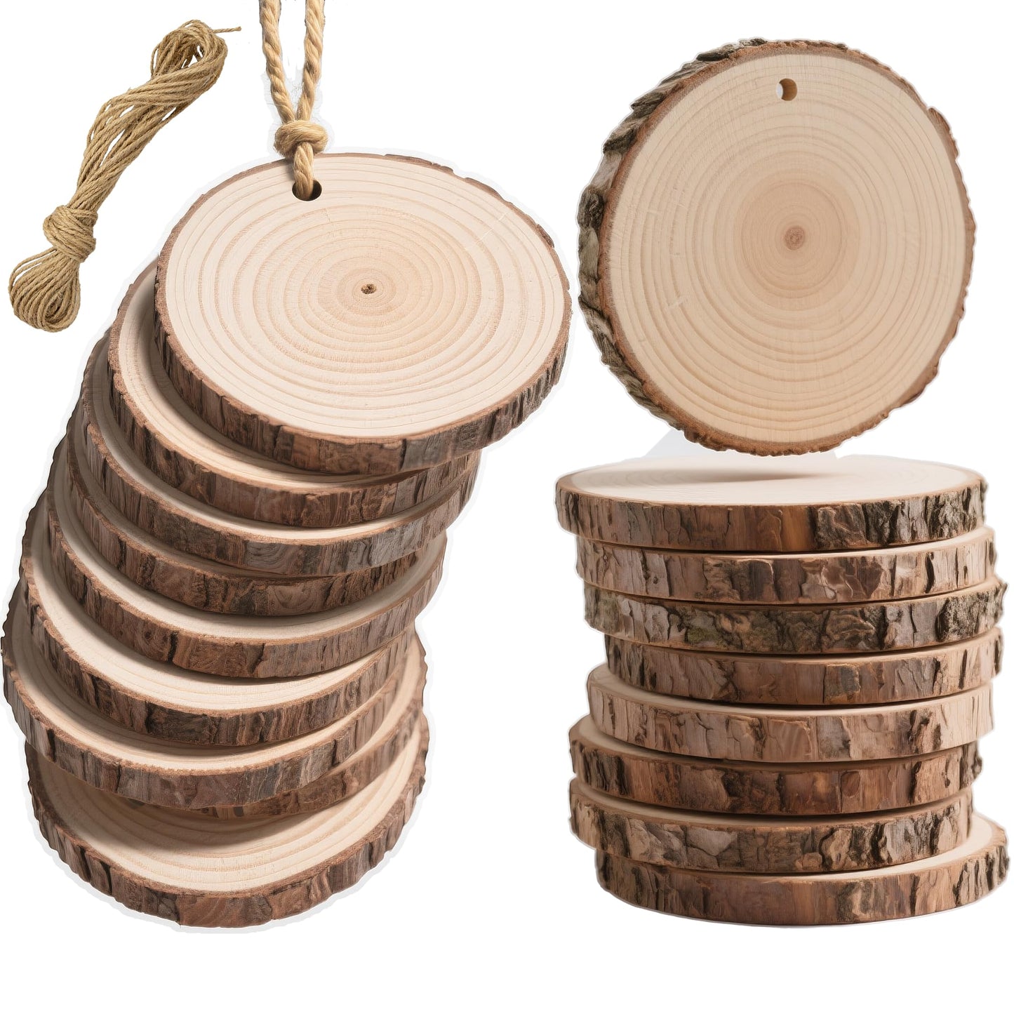 20PCS Pre-Drilled Wood Slices with Holes, 3.2-4 Inch Natural Pine Discs & 8M Hemp Rope, Sanded Smooth DIY Crafts Kit for Christmas Ornaments, Rustic Wedding Decor, Kids Art (20pcs)