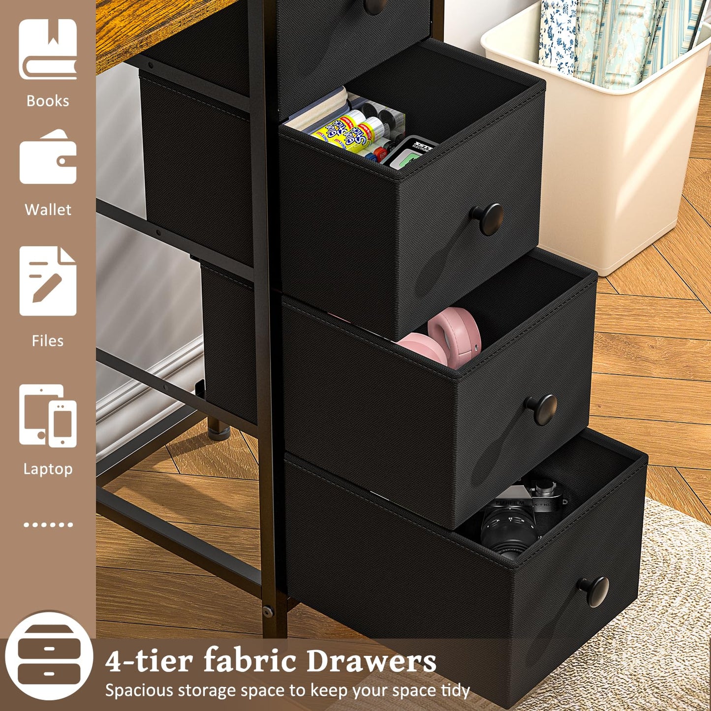 Small Computer Desk with 4 Fabric Drawers, 36 Inch Reversible Writing Desk for Home Office Bedroom, Modern Simple Kids Student Study Desk with Storage, Compact Desk for Small Spaces, Rustic Brown