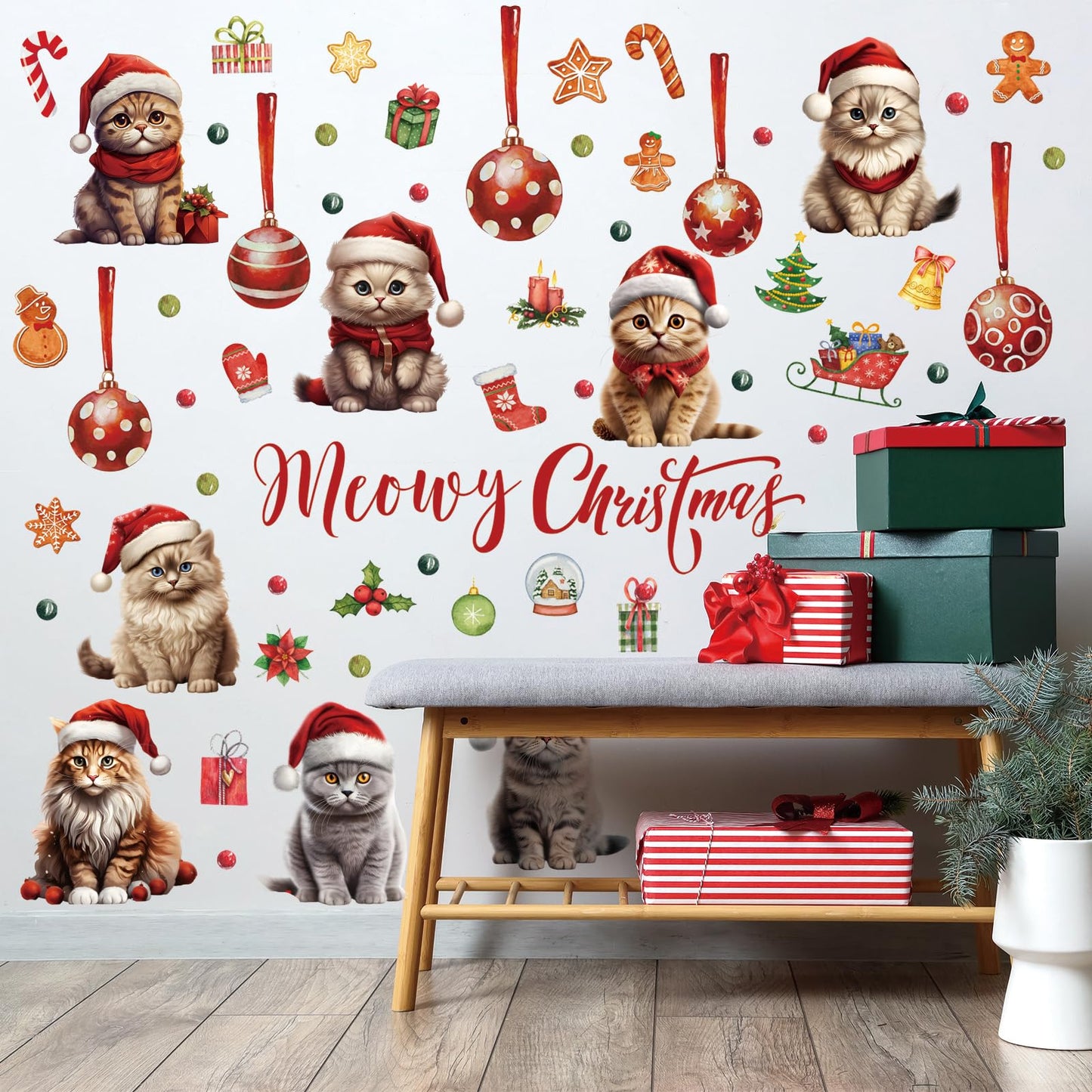 Christmas Cat Wall Decal Merry Christmas Wall Sticker Removable Christmas Cat Wall Decals Decor for Winter Christmas Holiday Party Supplies Home Window Decor