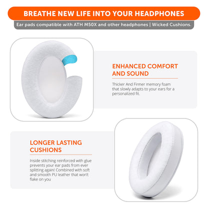 WC PadZ Velour - The Ultimate Upgraded Earpads by Wicked Cushions - Compatible with Audio Technica, HyperX, SteelSeries Arctis & More - Extra Thick - Bigger Opening - Softer Memory Foam | White