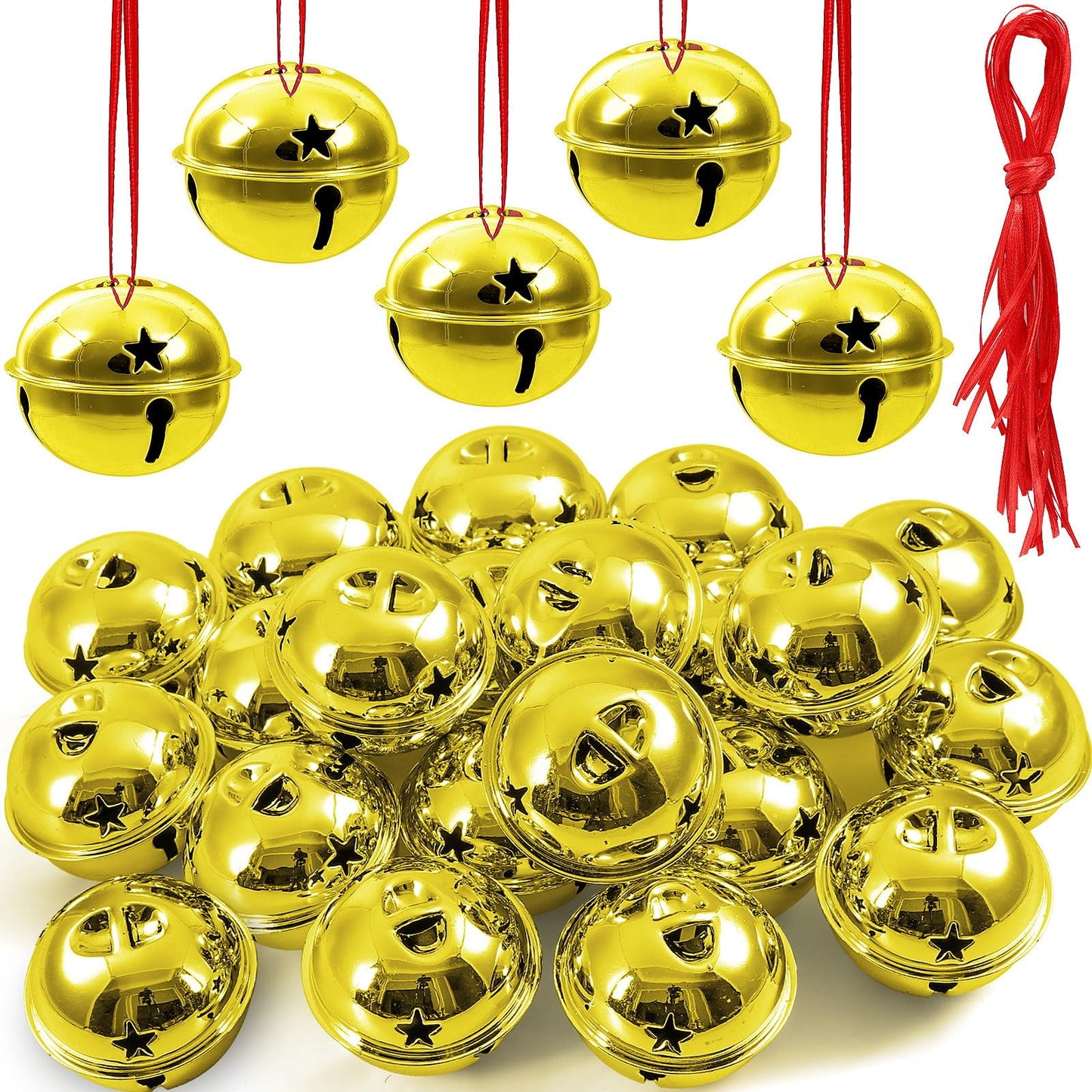 20 Pcs Gold Large Jingle Bells Ornaments Gifts Bulk -2 Inch Metal Craft Christmas Believe Bell and Red Ribbon for Christmas Tree Decoration Party Gifts Festival Wedding Ornament (Gold-20 pcs-2 inch)