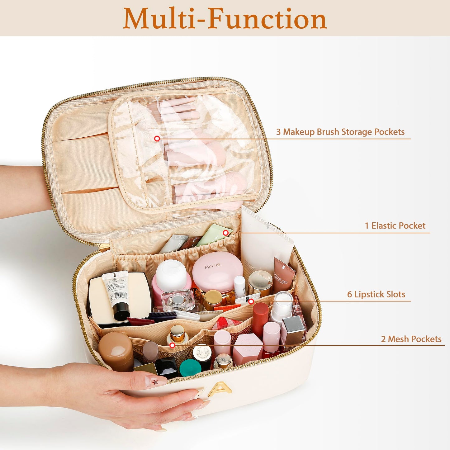 CLOUDWINGS Gifts for Women Travel Makeup Bag Personalized Cosmetic Bag Portable Large Capacity Toiletry Bag(Beige-A)