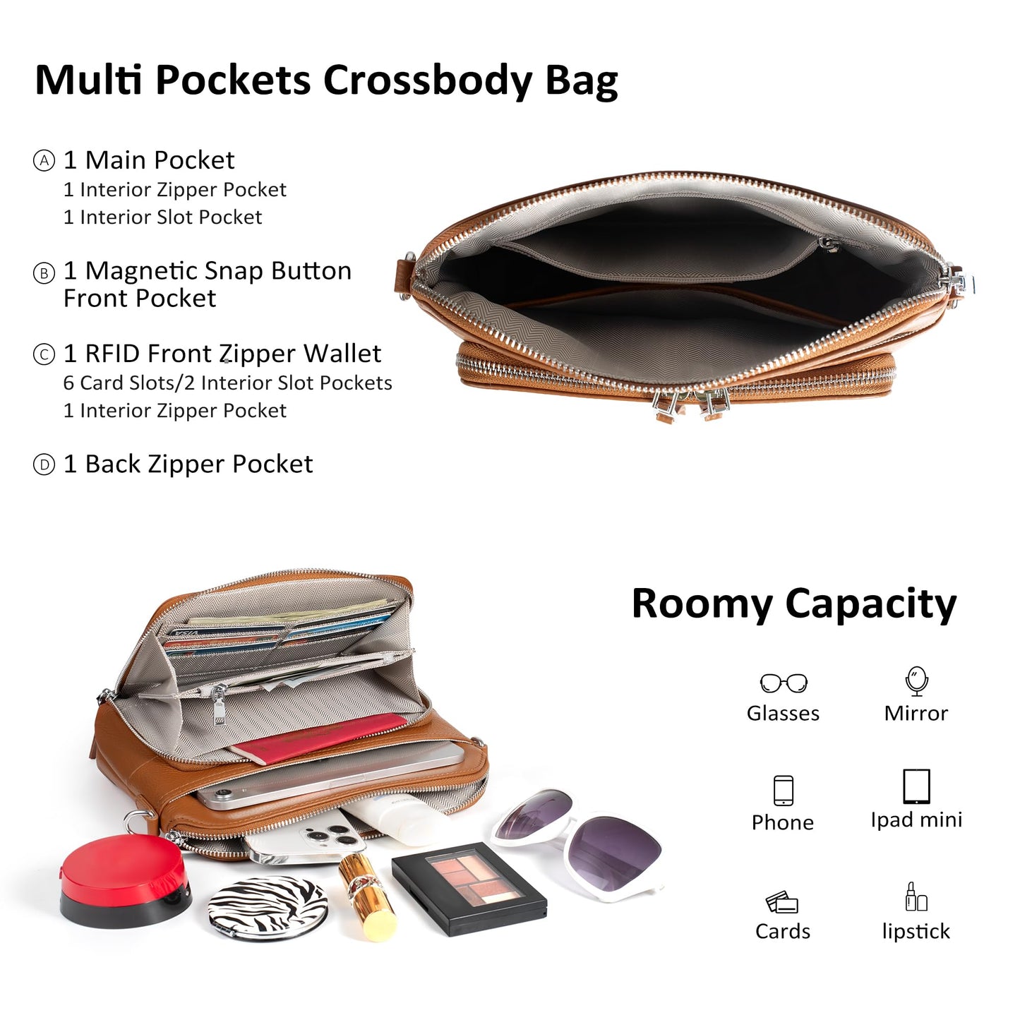 befen Genuine Leather Small Crossbody Purses for Women Shoulder Bags Cross Body Purse with Built in RFID Wallet Cognac Brown