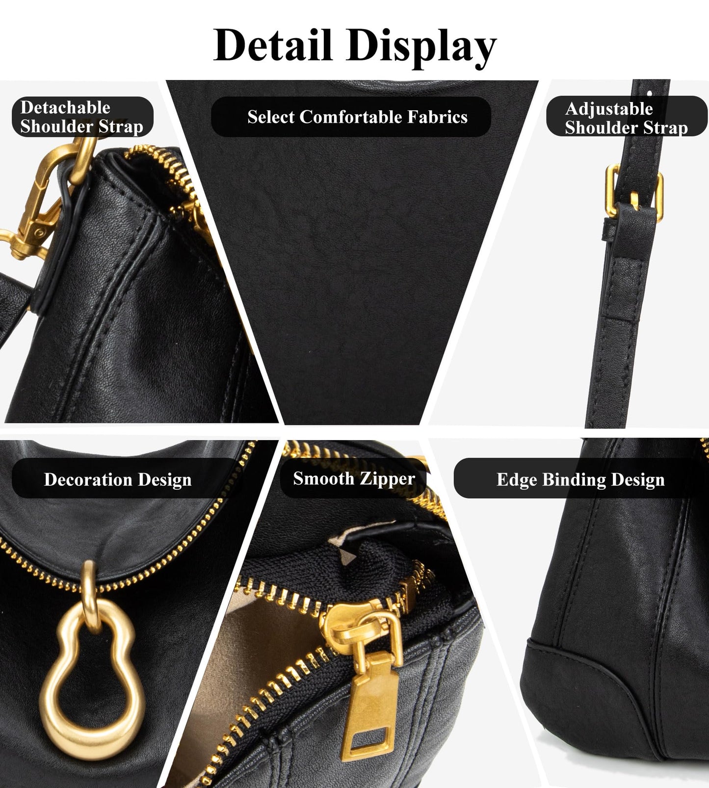 KingTo Shoulder Bag for Women Small Hobo Purse with Metal Pendant Embellished Retro Handbag Satchel (A-Black)