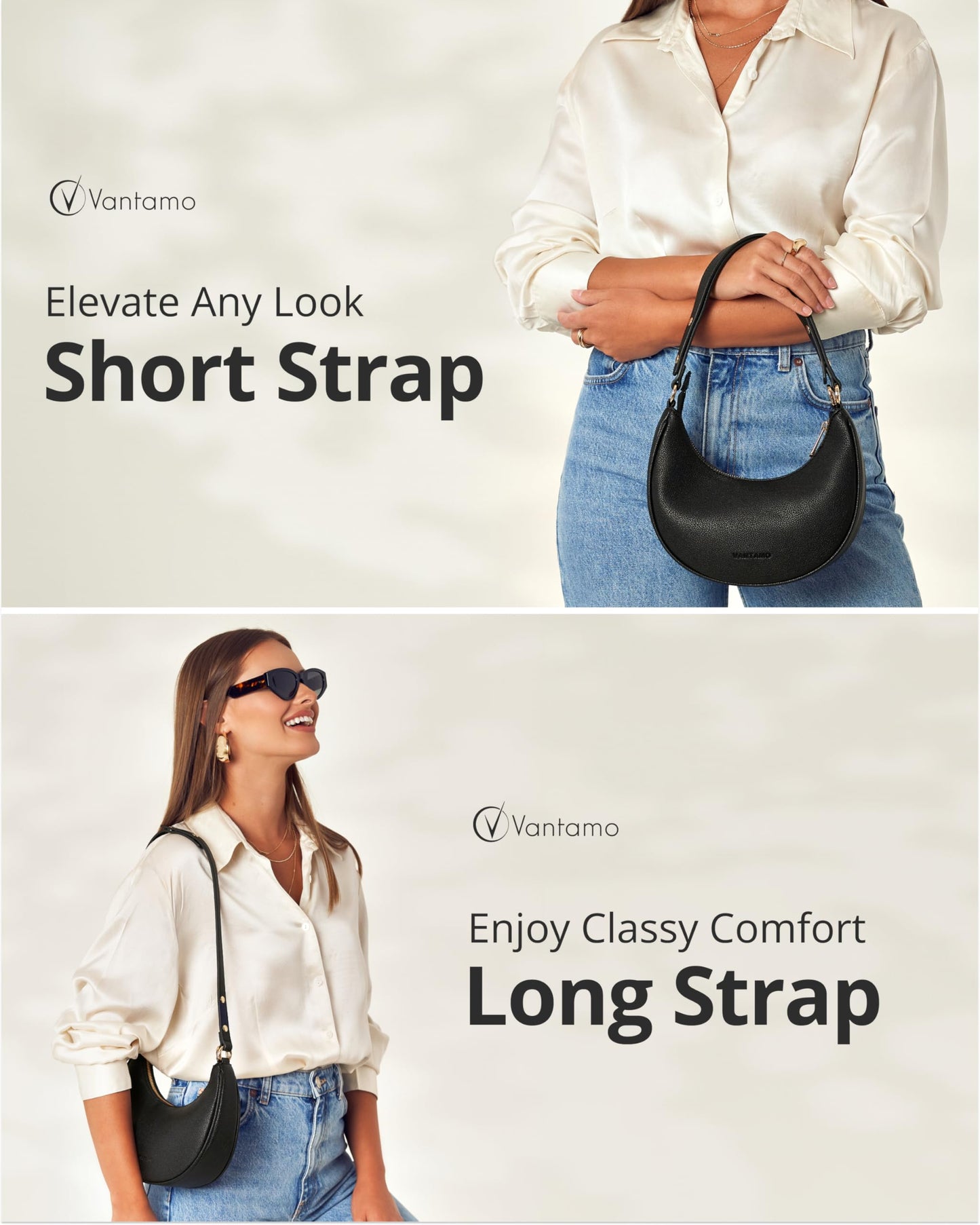 Vantamo Crescent Bags For Women with RFID Protection, Half Moon Clutch Purses for Women with Anti-Theft Clip for Extra Safety, Premium Smooth PU Leather Handbags for Work & Going Out, Black Purse