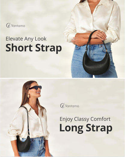 Vantamo Crescent Bags For Women with RFID Protection, Half Moon Clutch Purses for Women with Anti-Theft Clip for Extra Safety, Premium Smooth PU Leather Handbags for Work & Going Out, Black Purse
