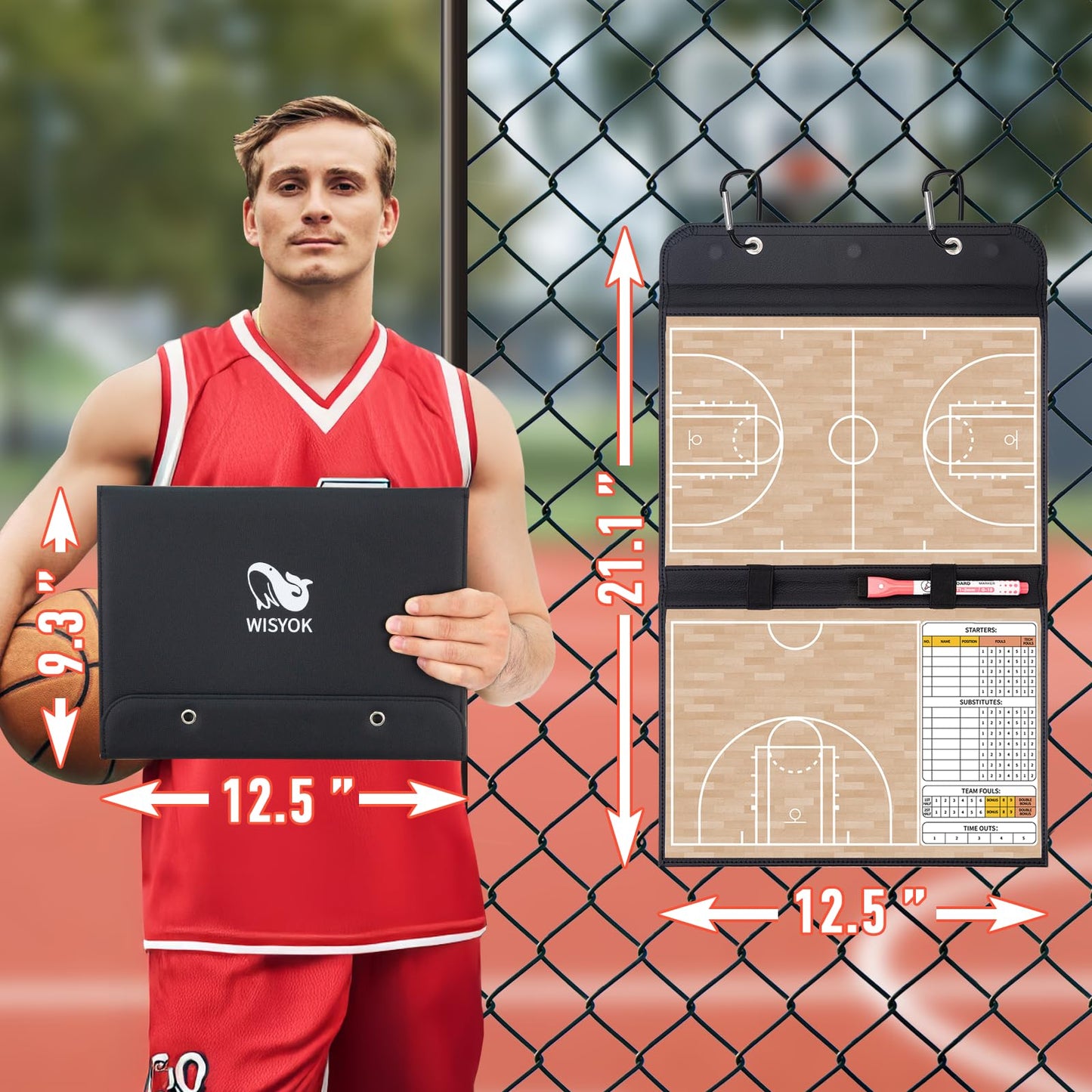 WISYOK Leather Covered Magnetic Basketball Lineup Board, Foldable and Portable Clipboard for Coaches with 48 Cards, 2 Markers, 4 Hooks and 1 Organizer Bag