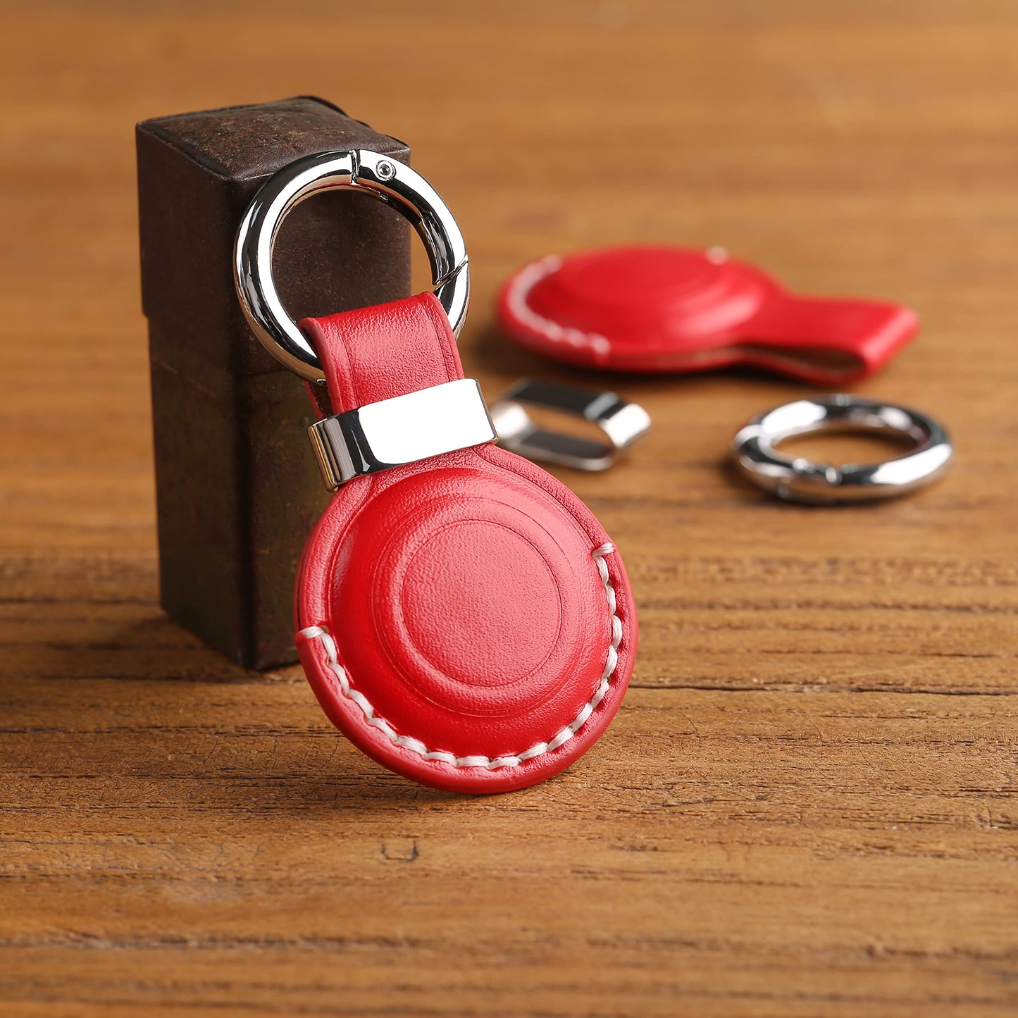 LQU Genuine Leather Keychain Holder Compatible with Airtag, Secure Air Tag Keychain Holder Case Cover Key Chain Ring Accessories for Air Tag - Red V2.0