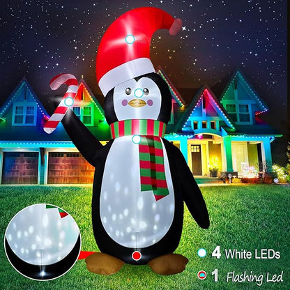 [Flash Light] 12FT Giant Christmas Inflatable Penguin Wear Santa Hat & Scarf Hold Candy Cane Decoration, Christmas Blow Up Penguin inflatable Built-in 4 White LED and 1 Flash Light Xmas Decor