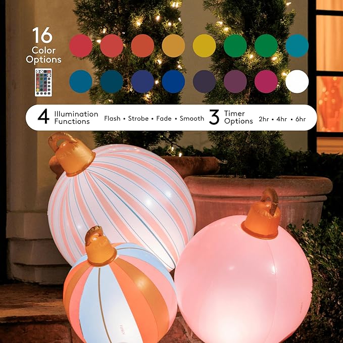 FUNBOY Giant Inflatable Light-Up Classic Pink Christmas Ornaments, 3 Giant Sizes 24'', 22'' and 16.5'' Indoor/Outdoor (3 Pack)