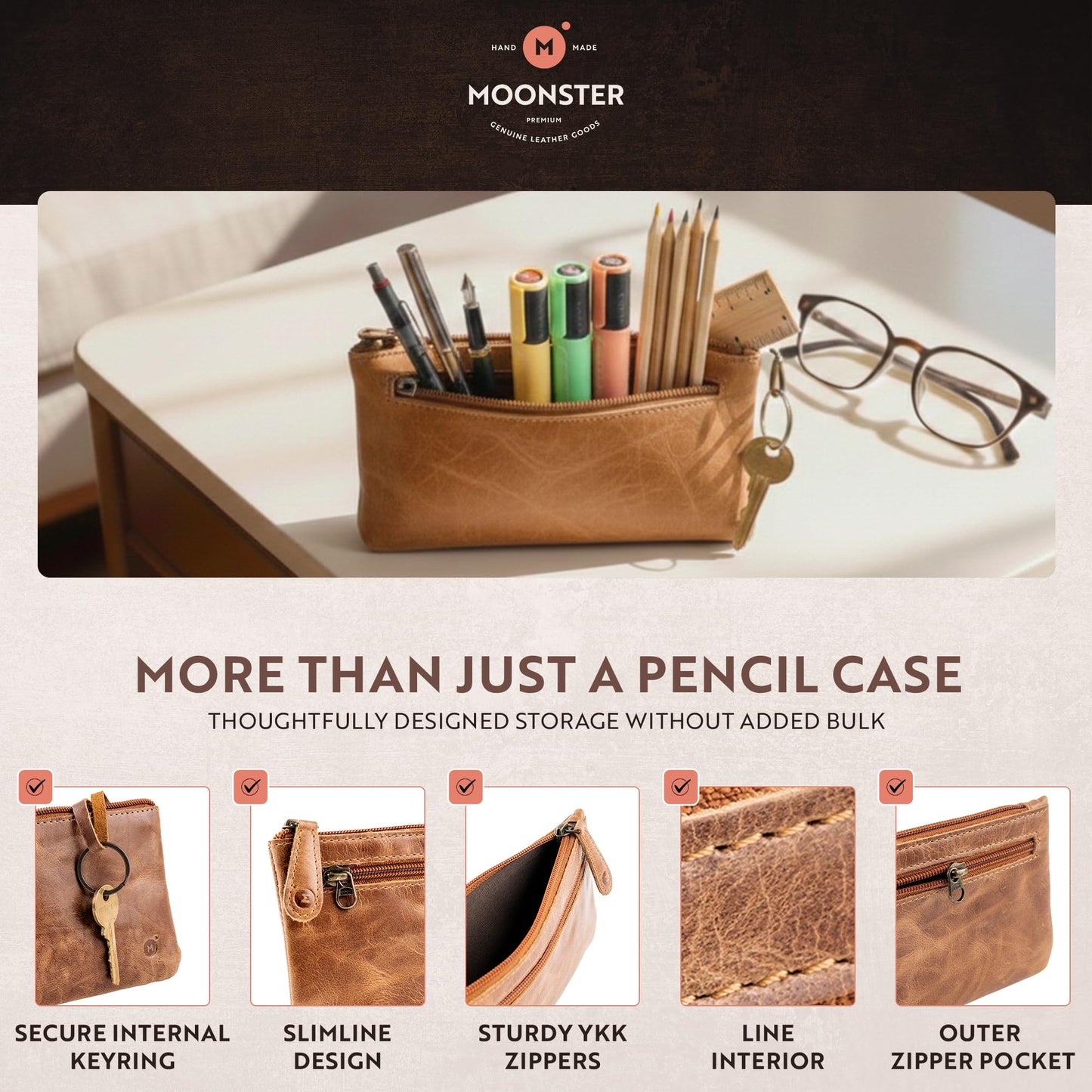 moonster Leather Pencil Case Pouch, Handcrafted 8" x 4" Leather Pen Case with Zipper - Pencil Cases for Adults with Side Pocket - Pencil Pouch Zippered Pen Bag - Light Brown
