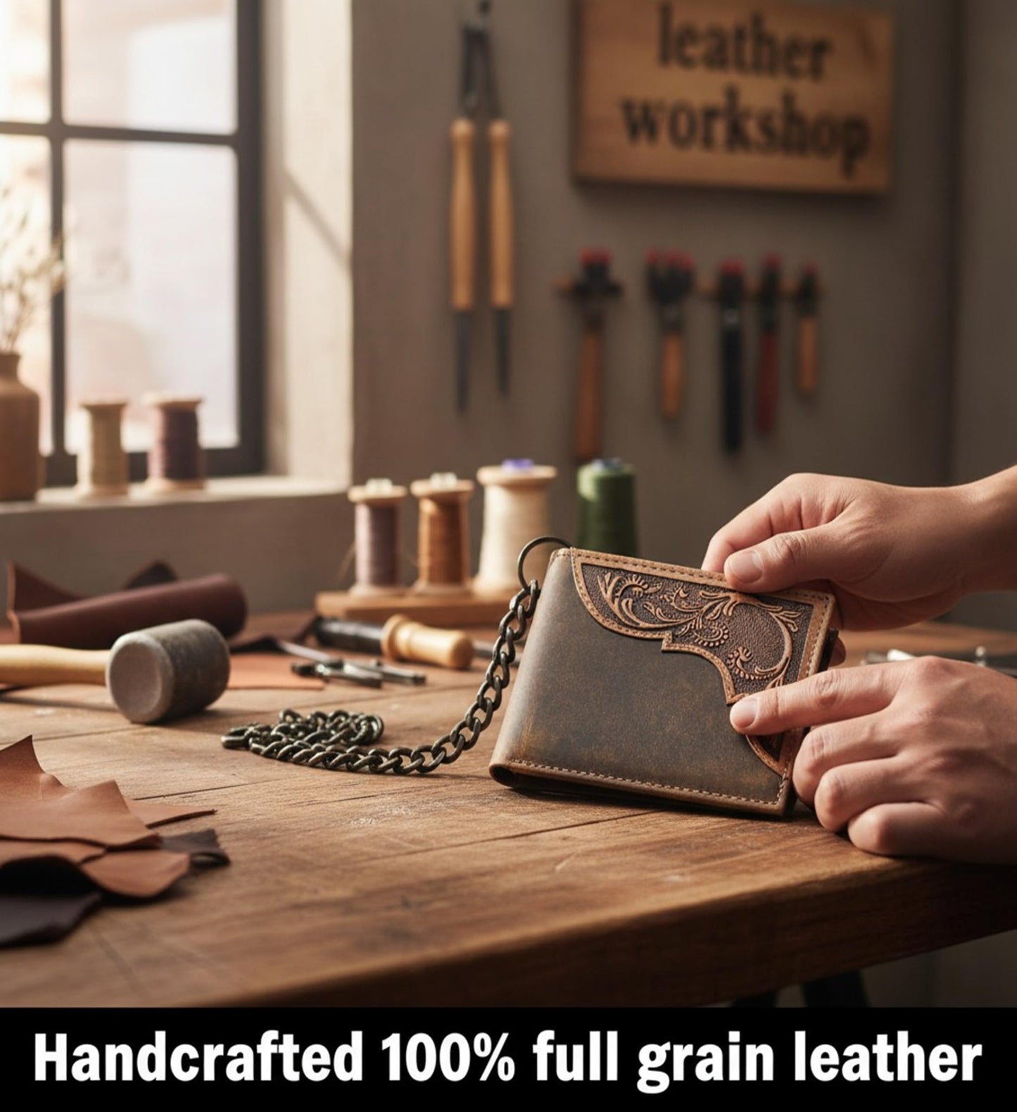 F&L CLASSIC RFID Blocking Mens bi-fold Style Cowhide Leather Steel Chain Wallet, brown western style,texas 83