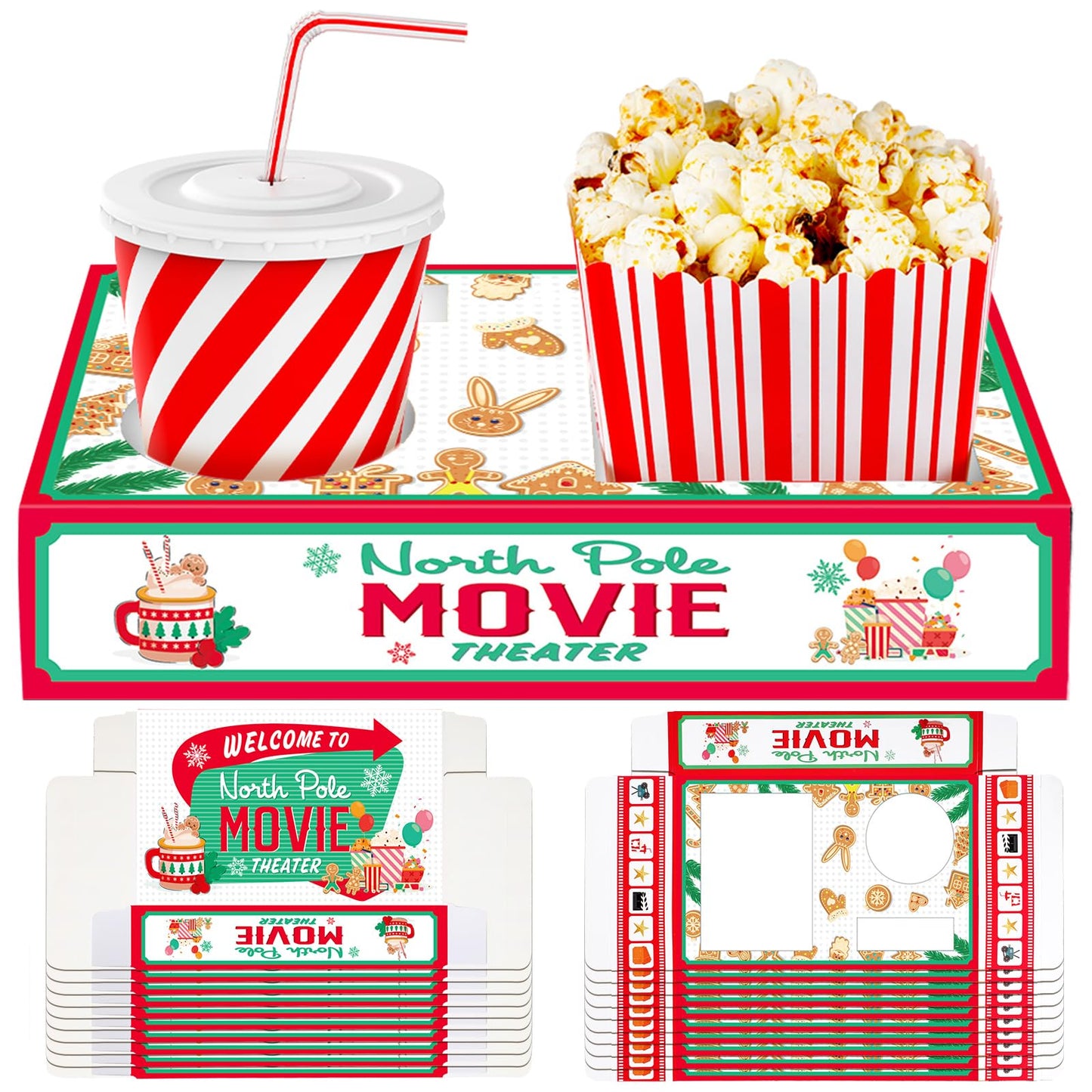 Dunzoom 20 Pcs Christmas Movie Night Supplies Movie Night Paper Snack Trays Popcorn Candy Holder Cardboard Snack Holder Food Trays(Cute Christmas)