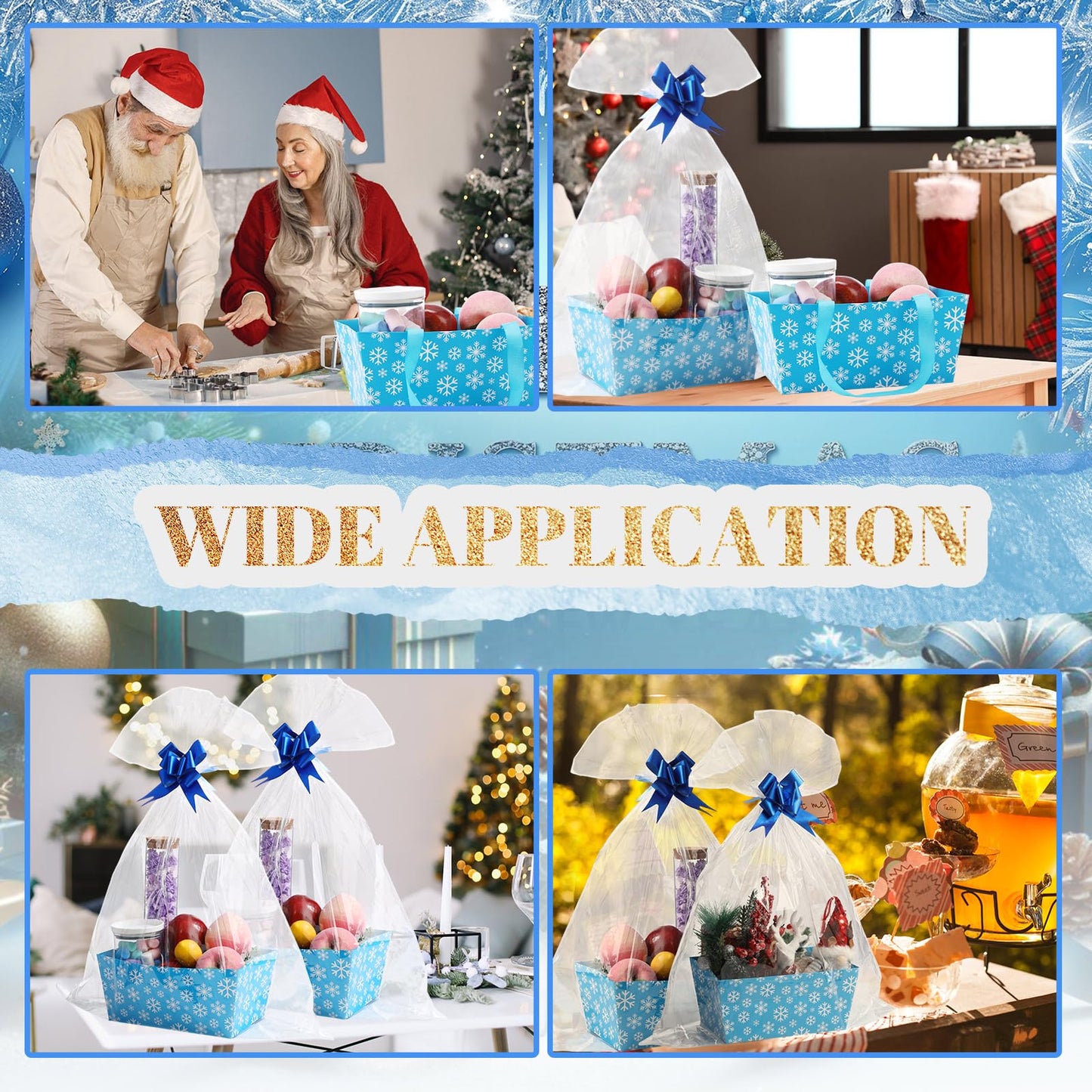 Moinchore 12 Pcs Winter Basket for Gifts Empty 9.8x6.5'' Blue Snowflake Market Tray Cardboard Basket with Bows, Plastic Bags, Twist Ties, Empty to Fill for Holiday Birthday Christmas Party Favor