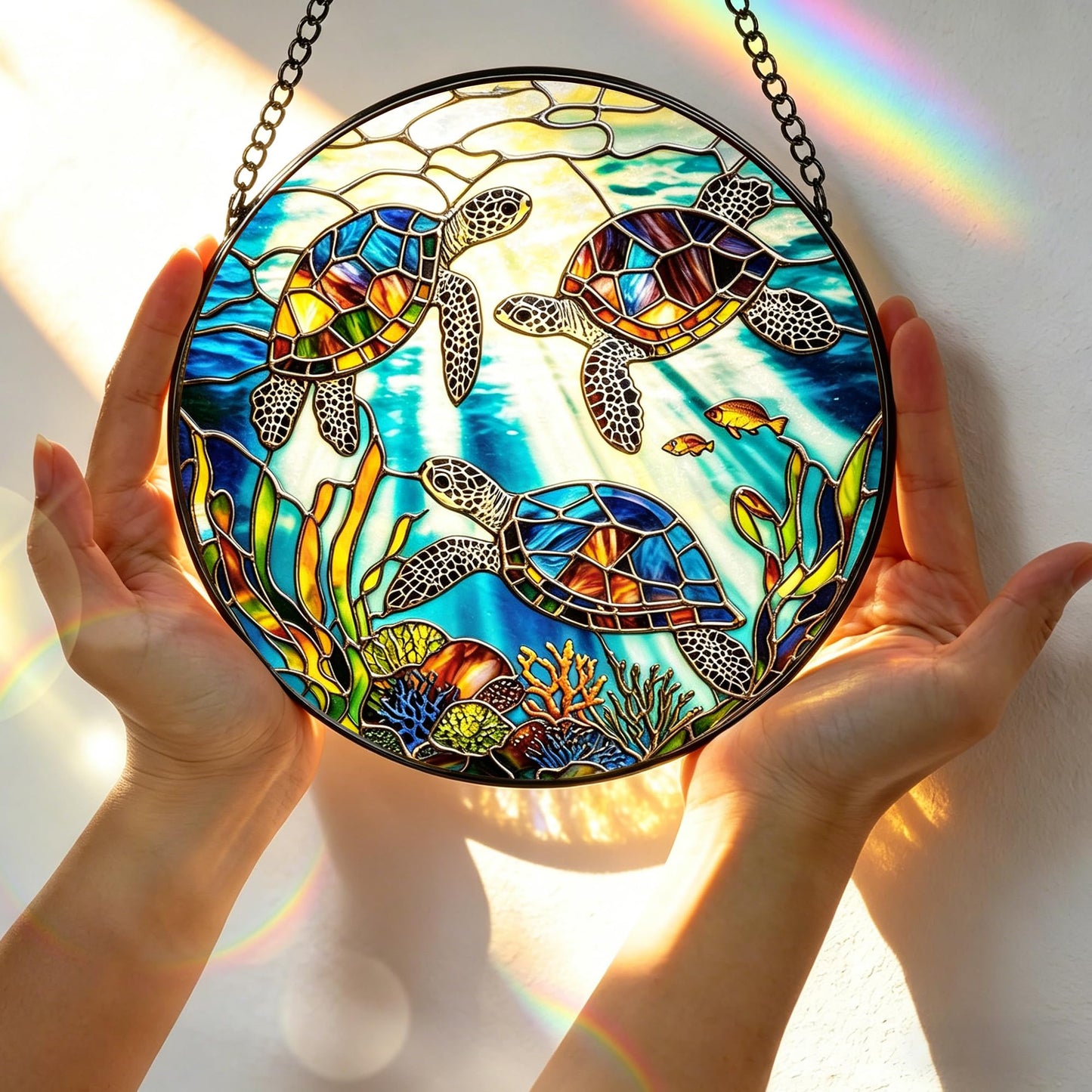 Stained Glass Window Hanging, 7.8 Inch Sea Turtle Stained Glass Sun Catcher, Ocean Window Hanging Art, Window Ornament Suncatcher, Turtle Lover Gift, Coastal Gift for Beach Lover, Gifts for Him & Her