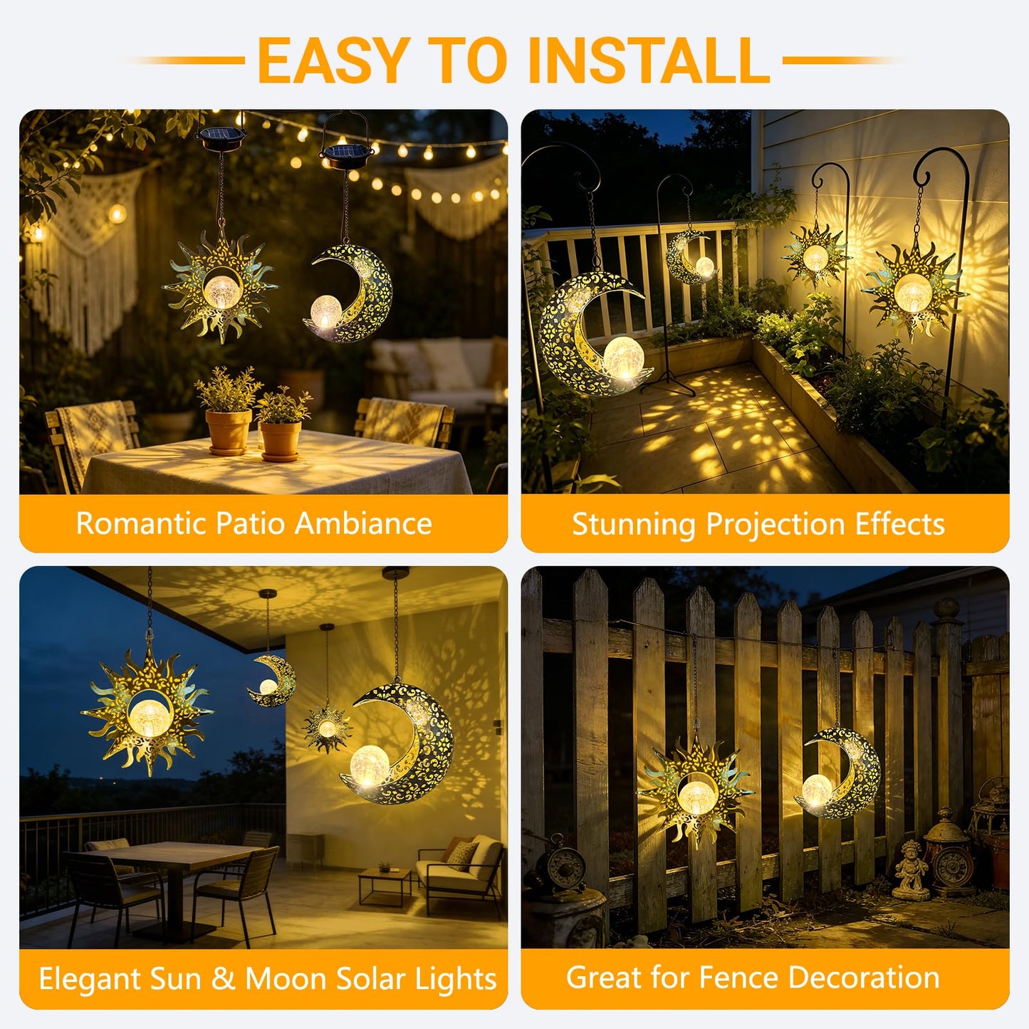 Amugmilk Solar Hanging Lights for Outside Garden,Outdoor Metal Lanterns Sun Moon Lamp, Large Decorations for Yard Garden Patio Proch Tree Wall, Christmas Gifts for Women Mom