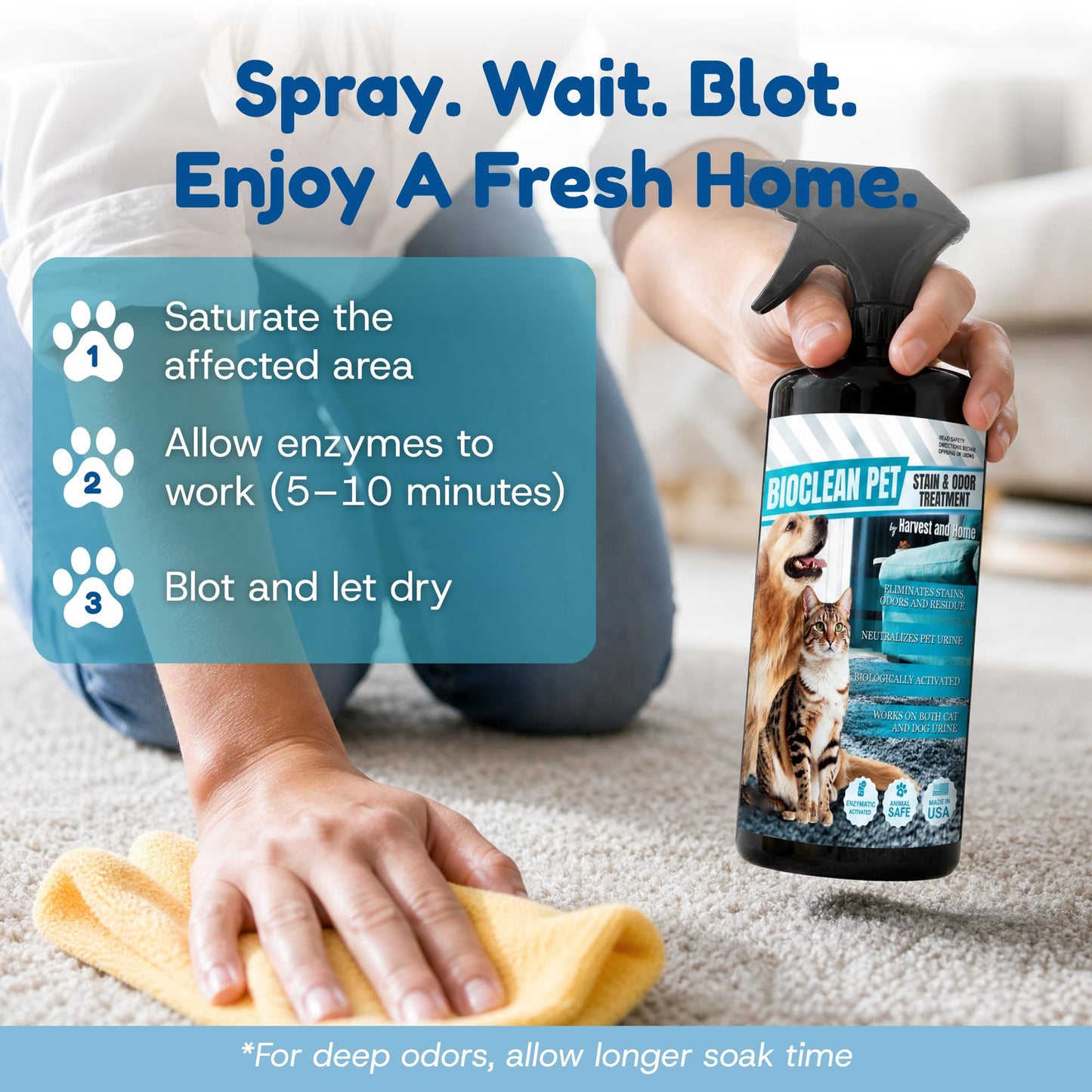 Bioclean Pet Carpet Cleaner & Deodorizer – Eliminates Pet Urine Smell, Stain & Odor Remover, No Residue, Made in USA – 32oz