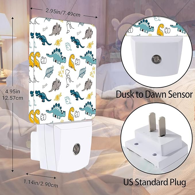 Dino Night Light, Funny Dinosaurs Night Lights Plug into Wall Decor for Bedroom, Bathroom, Hallway, Kitchen, Dusk to Dawn Sensor Nightlights for Boys Girls Women Men Room Gifts