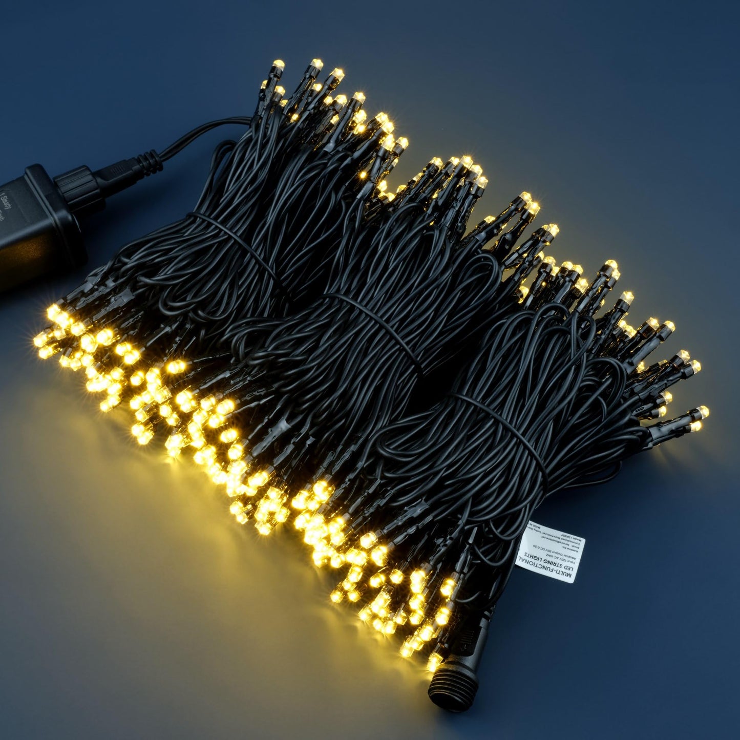 YULETIME 100 ft 300 Count Warm White LED String Lights with 8 Models Adapter, Black Wire Wide Angle 5mm Christmas Lights (Warm White - Black Wire)