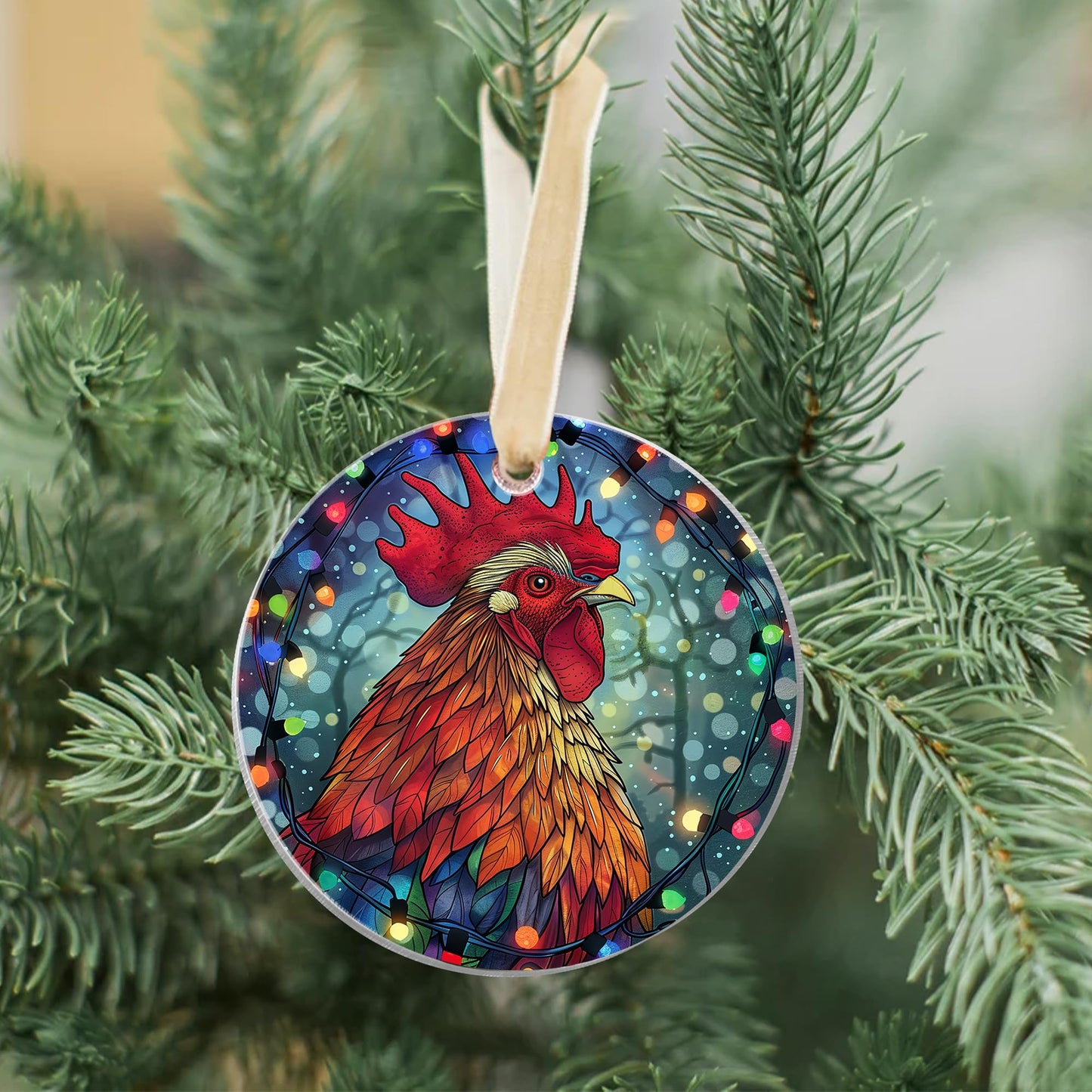 Fastpeace Chicken Rooster Farm Christmas Ornament - Stained Glass Style Christmas Rooster Ornament - Perfect Hanging Decoration - Gift for Farmer, Chicken Lovers, Family, Friends (Chicken Acrylic)