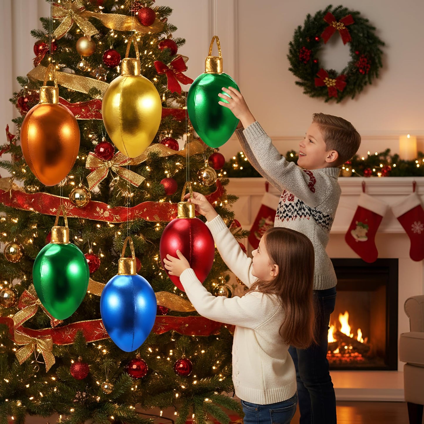 Charnoel 10 Pack 12" Christmas Inflatable Bulb Ornament with Glitter Cloth Cover, Giant PVC Xmas Blow Up Ornaments Holiday Blow Bulb for Yard Outdoor Lawn Porch Decorations (Classic)