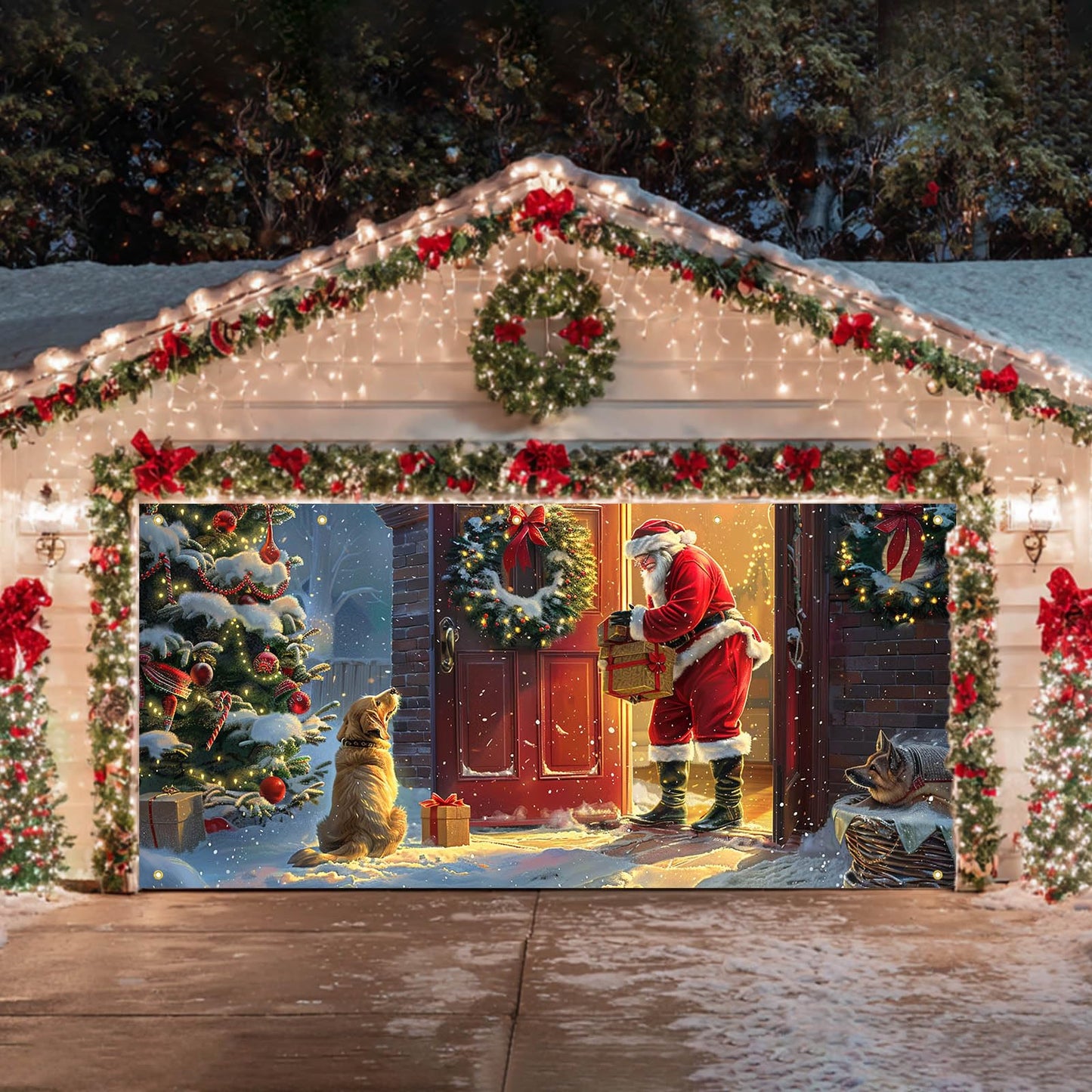 HOMETITUTE Christmas Garage Door Banner 13x6ft Santa with Dogs Gift Scene Holiday Porch Backdrop Red Green Warm Glow Winter Snow Party Decoration Indoor Outdoor Seasonal TreeWall